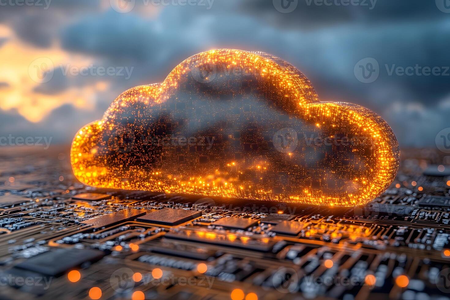 1470x980 Glowing Orange Cloud Computing Concept on Circuit Board Background for Technology Innovation Design