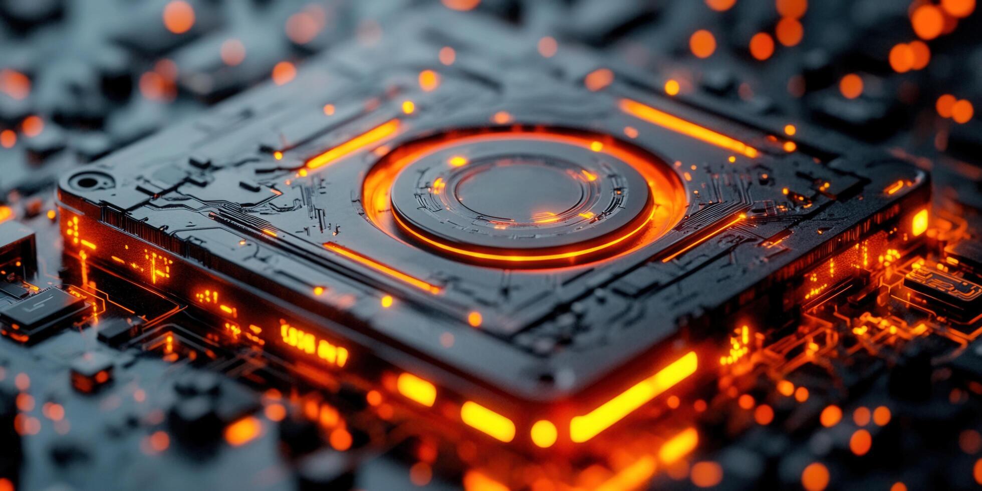1960x980 Intricate circuit board illuminated by glowing orange and yellow lights, a symbol of advanced technology