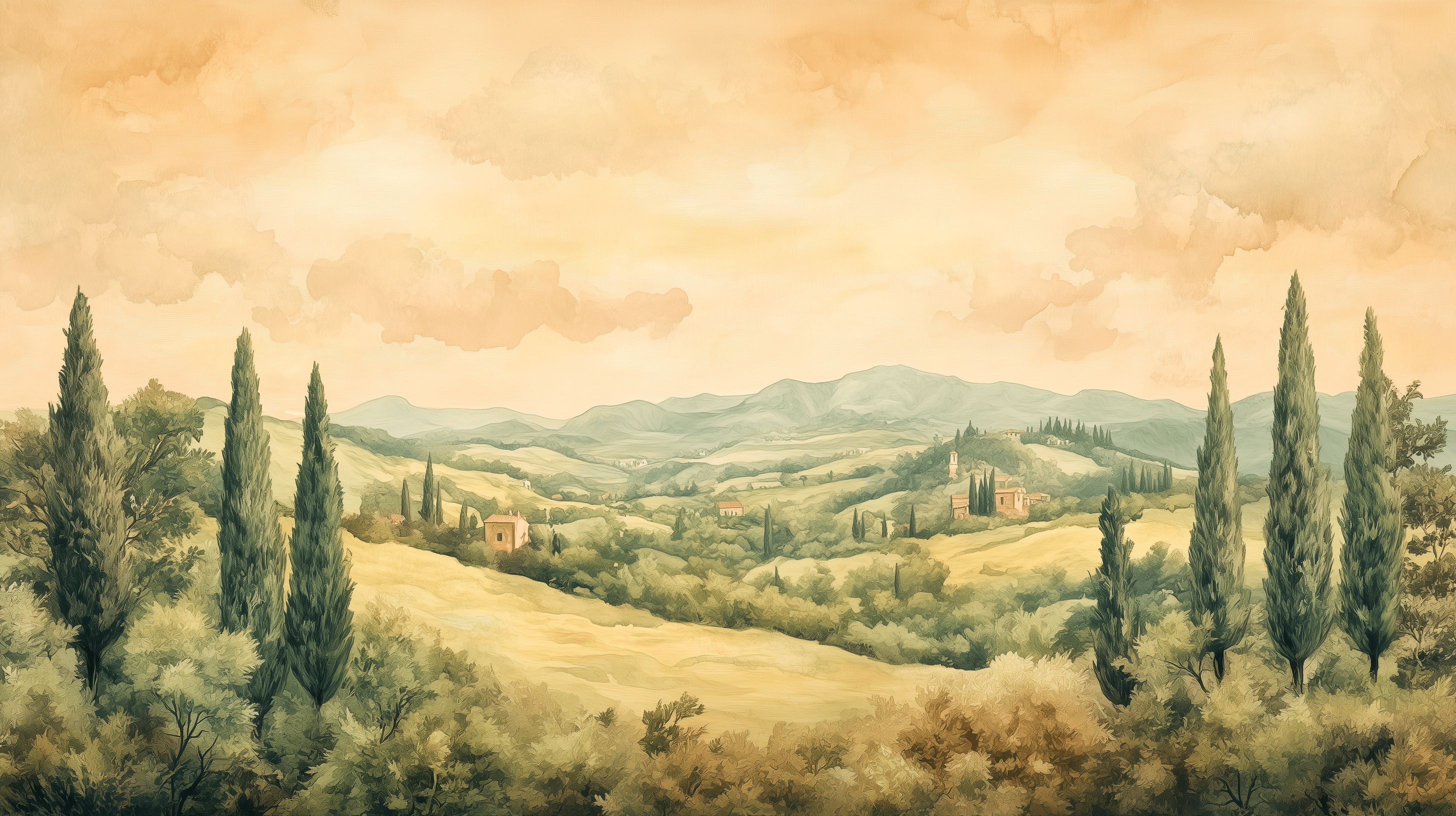 2912x1632 Retro Scenic Wallpaper Italian Watercolor Landscape Mural Pre Pasted / 90W X 58H