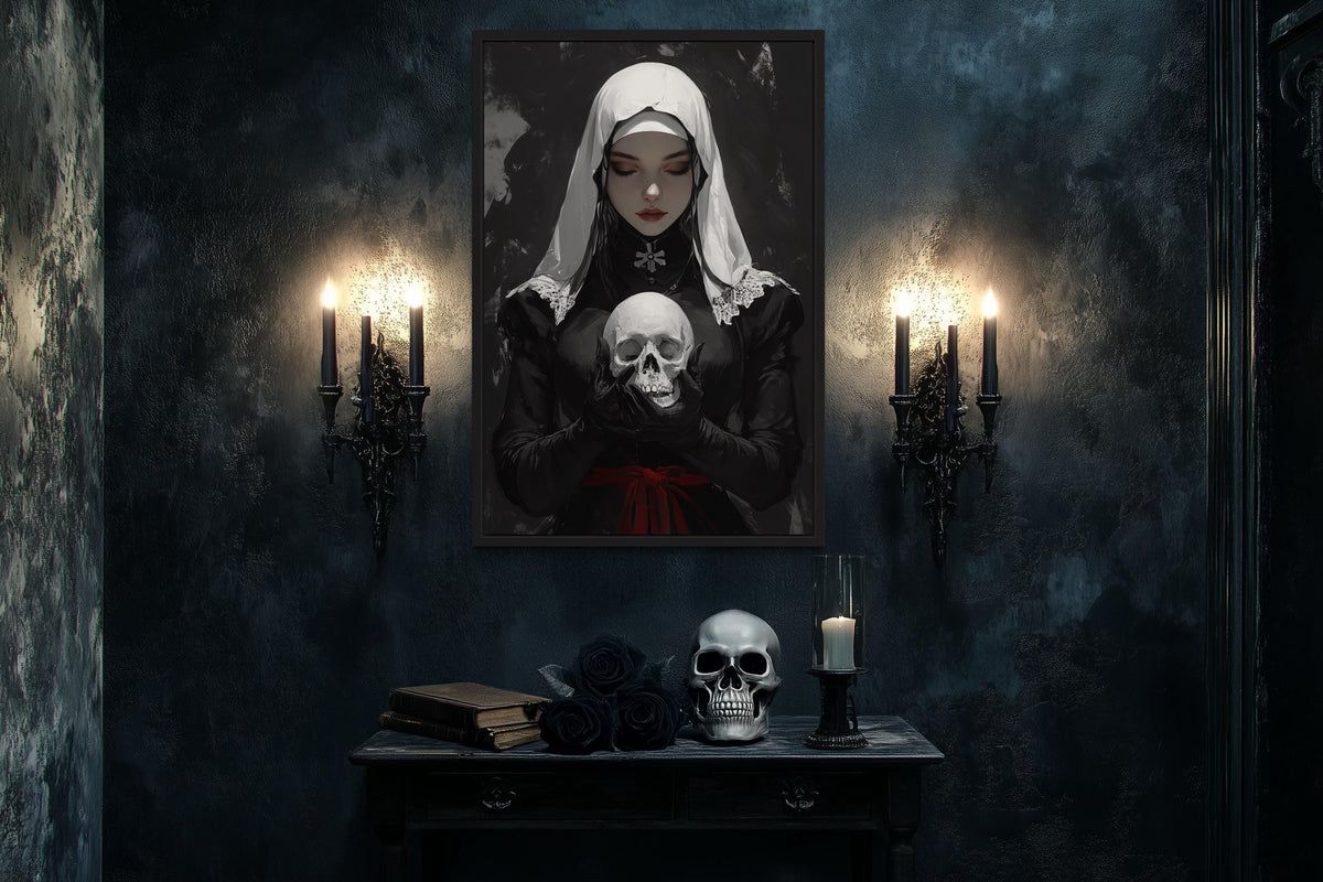 1200x800 Gothic Nun Skull Wall Art. Dark Horror Canvas Decor