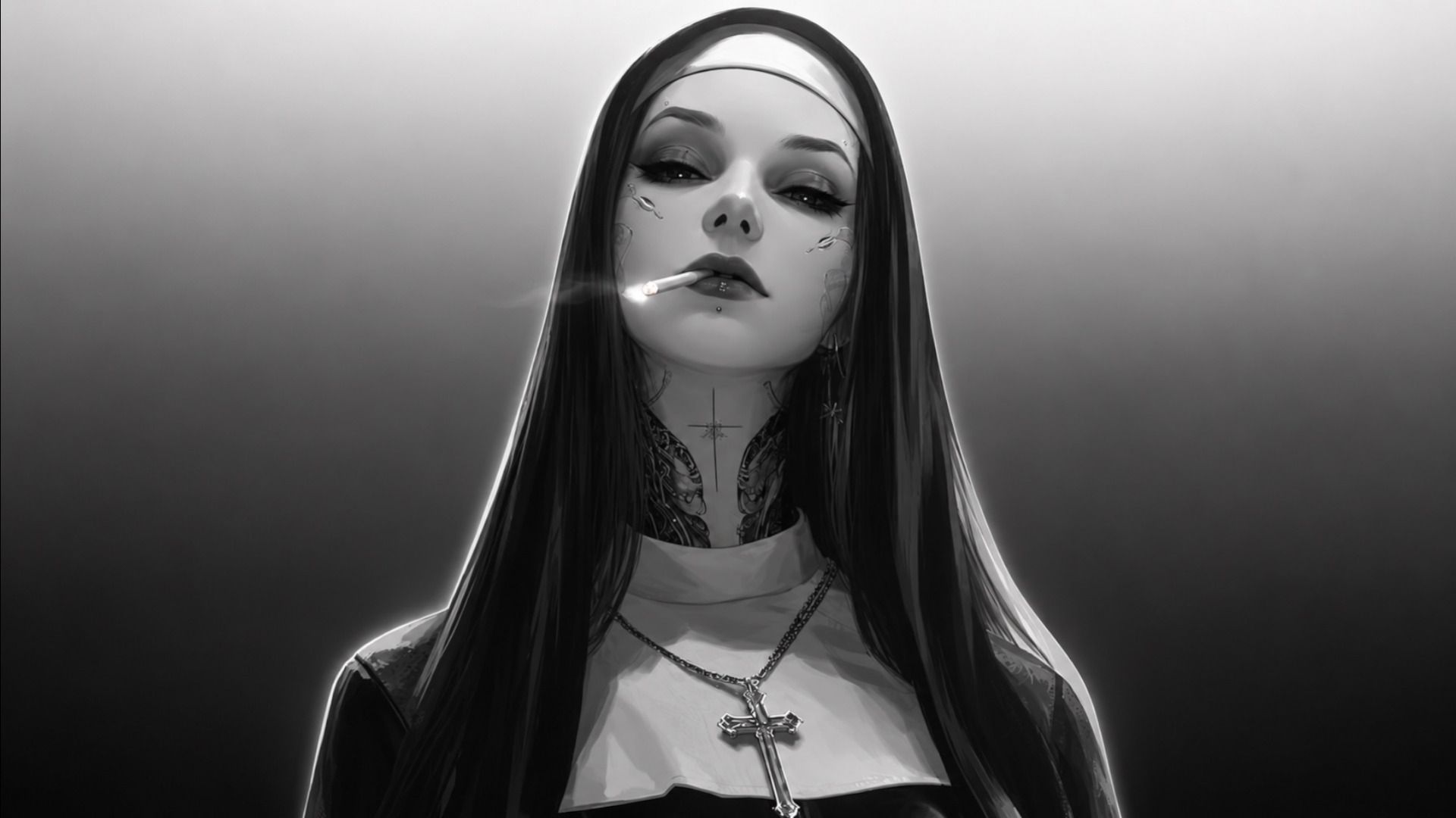 1920x1080 Monochrome Cyberpunk Nun With Gothic Grace
