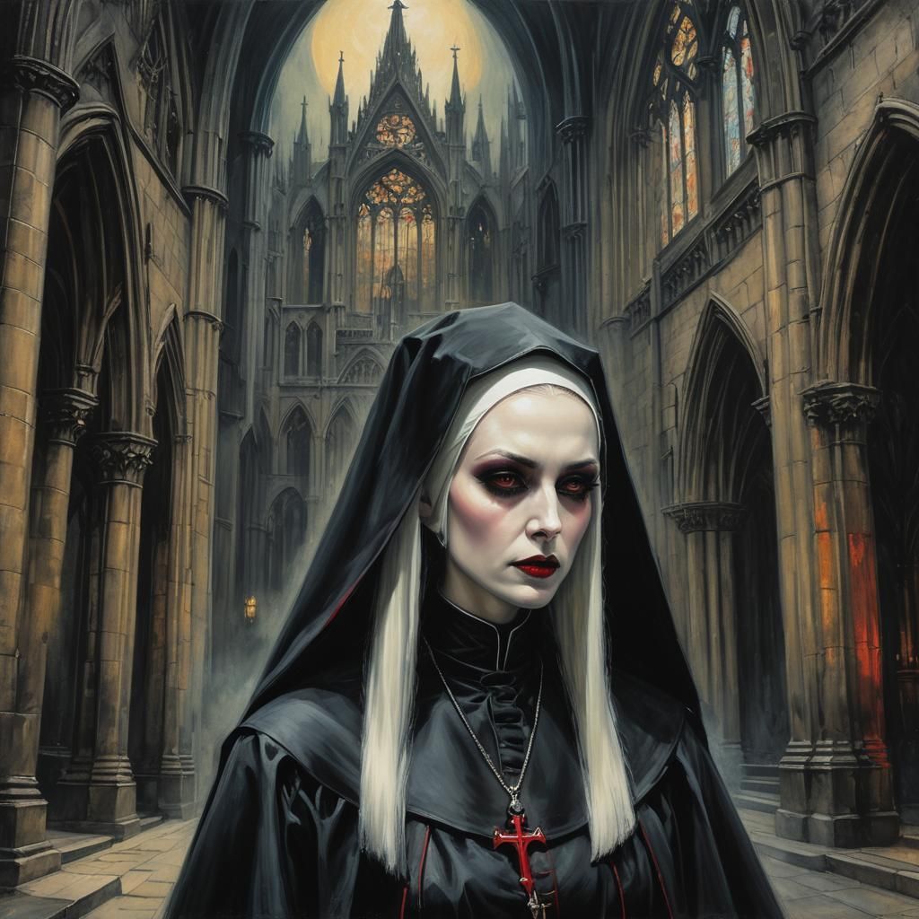 1024x1024 Vampire Nun in Gothic Cathedral: Horror Art