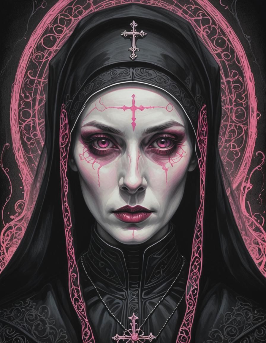 896x1152 Gothic Nun Portrait with Bubblegum Pink Accents
