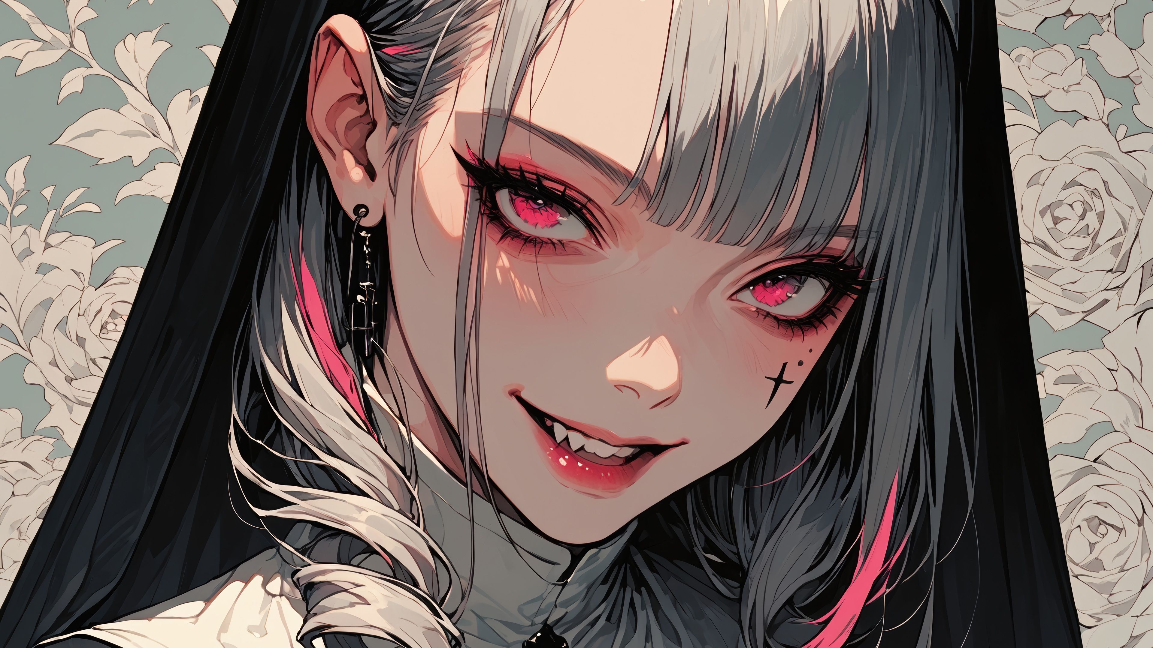 3840x2160 Gothic Anime Nun with Silver Hair and Red Eyes