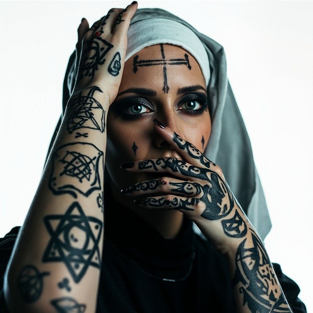 1024x1024 Portrait of Fully Tattooed Nun with Satanic Symbols on White Backdrop
