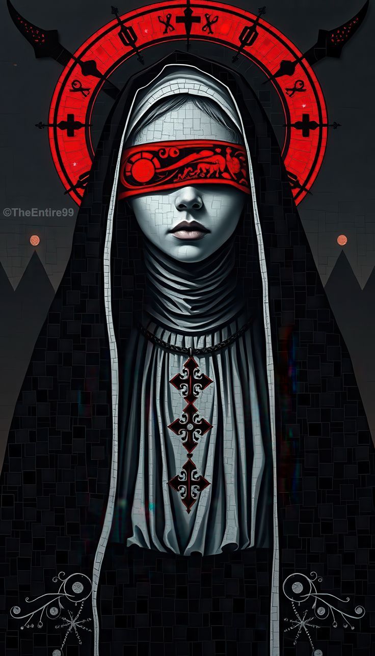 736x1288 Blindfolded Nun Mosaic Painting 4K. Dark background religious art, Nun wallpaper aesthetic, Nun background