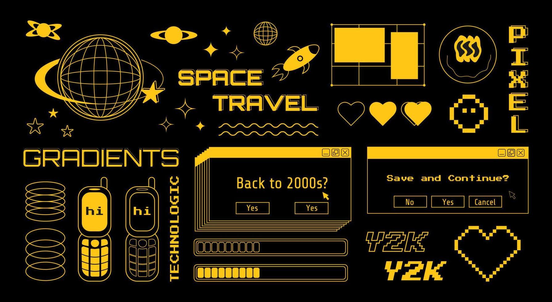 1790x980 Y2K set of graphic computer and technological elements, orange vector illustrations on a black background
