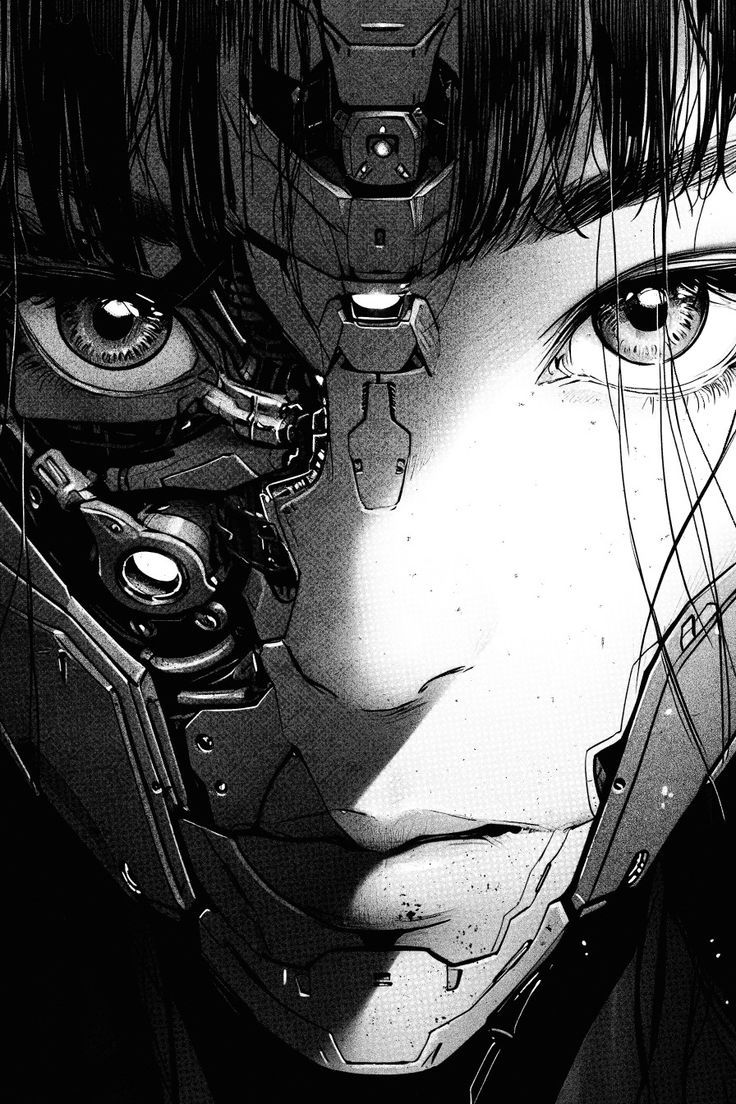 736x1104 Dark cyberpunk art. Futuristic manga, Cyberpunk wallpaper black and white, Cyber manga