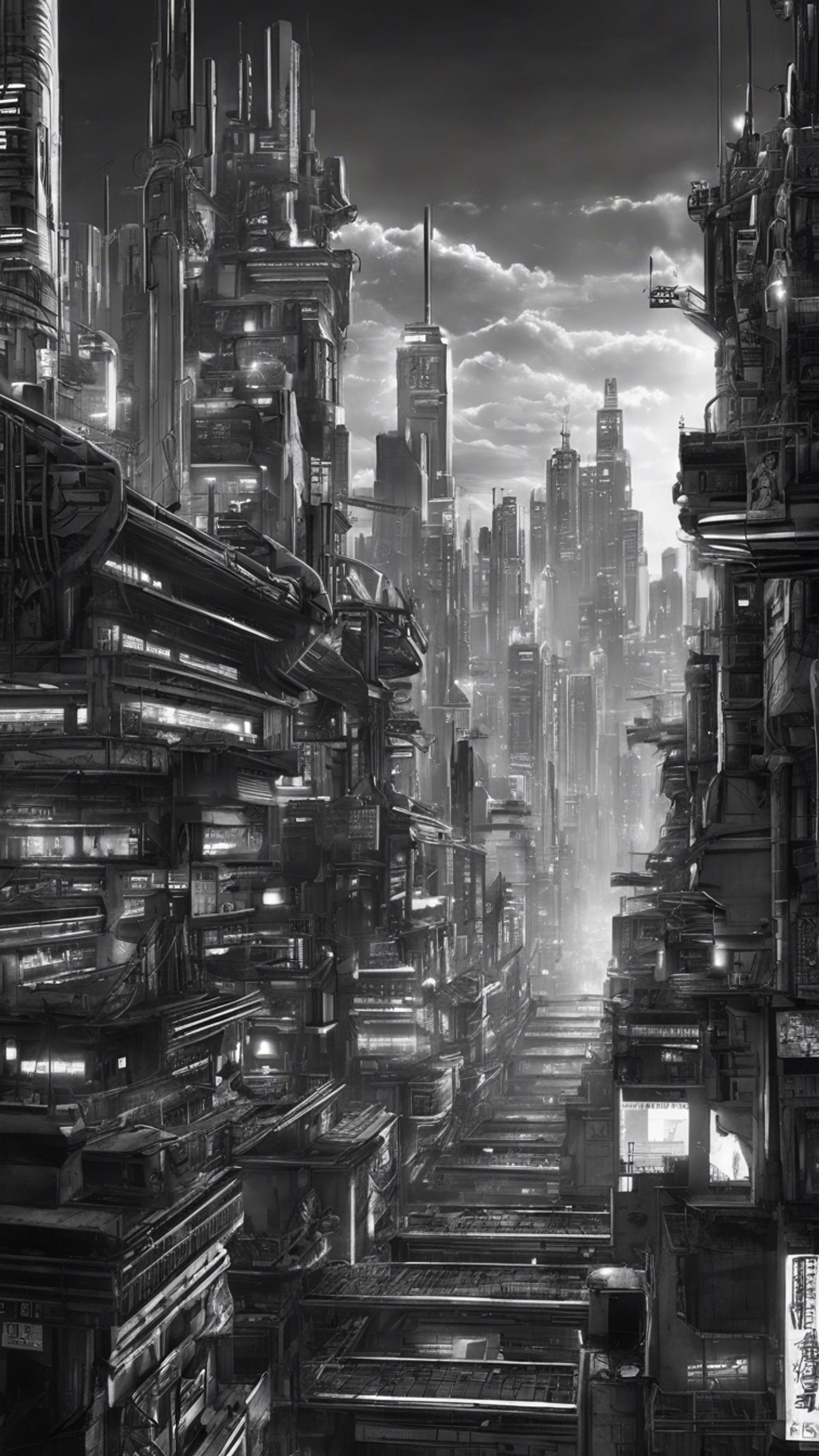 2160x3840 An ominous black and white cyberpunk city panorama under the neon lights. Wallpaper [5121114ca50f4237bcd2]