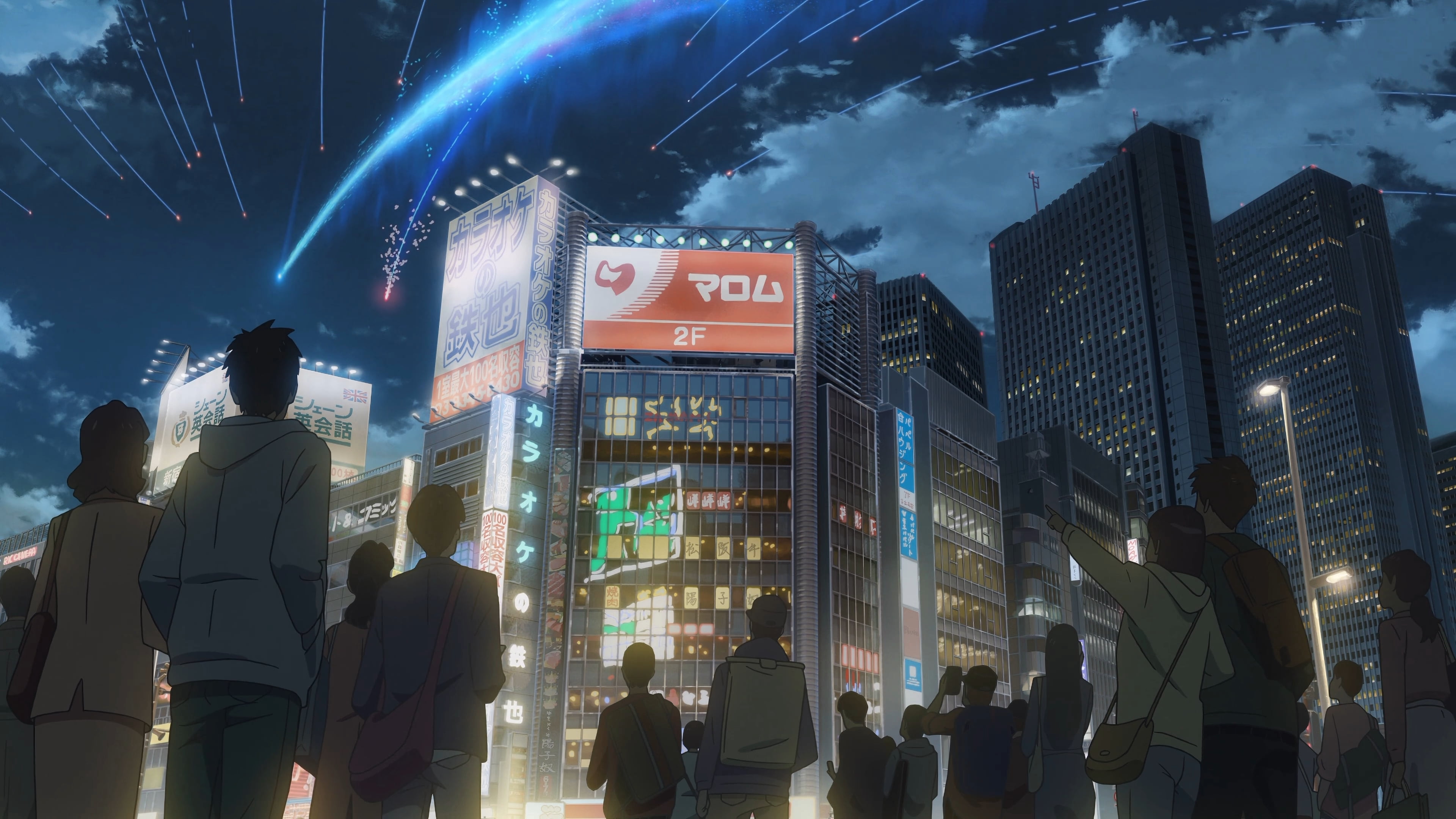 3840x2160 People illustration looking at digital billboard, Makoto Shinkai, Kimi no Na Wa HD wallpaper