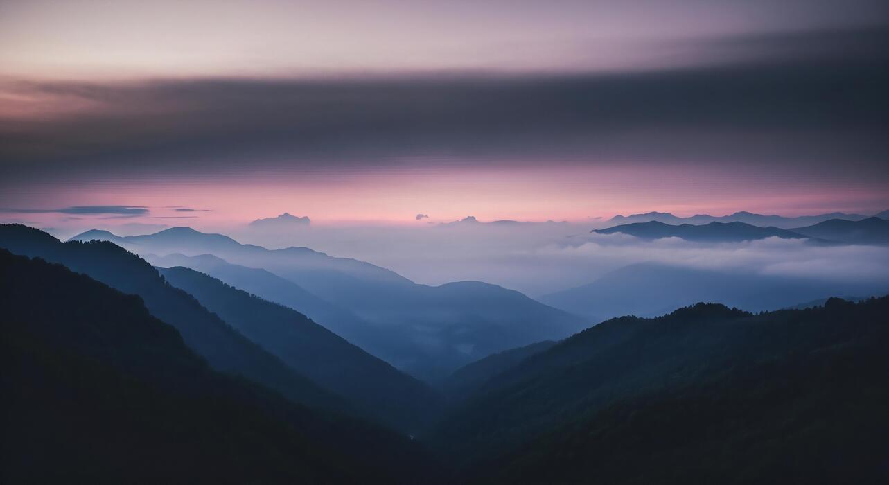 1283x700 Nature background, Nature wallpaper, Layers of mountain peaks shrouded in mist under a hazy pink and purple twilight sky
