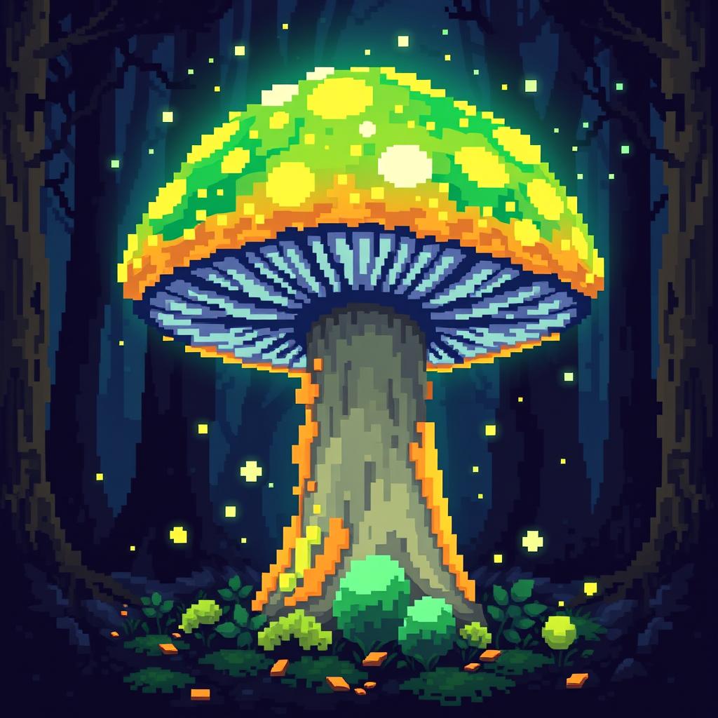 1024x1024 Enchanting Pixel Art: Vibrant Mushroom and Ancient Tree