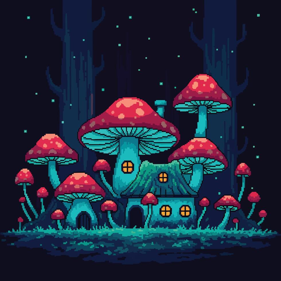 980x980 Enchanting Pixel Art Mushroom House in Dark Forest