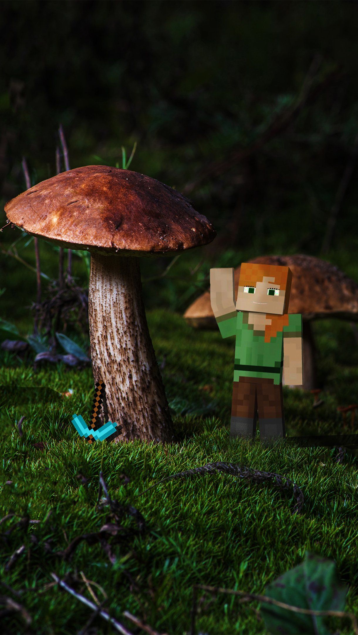 1220x2160 Minecraft Adventure: Pixel Hero in a Magical Mushroom Forest Phone Wallpaper