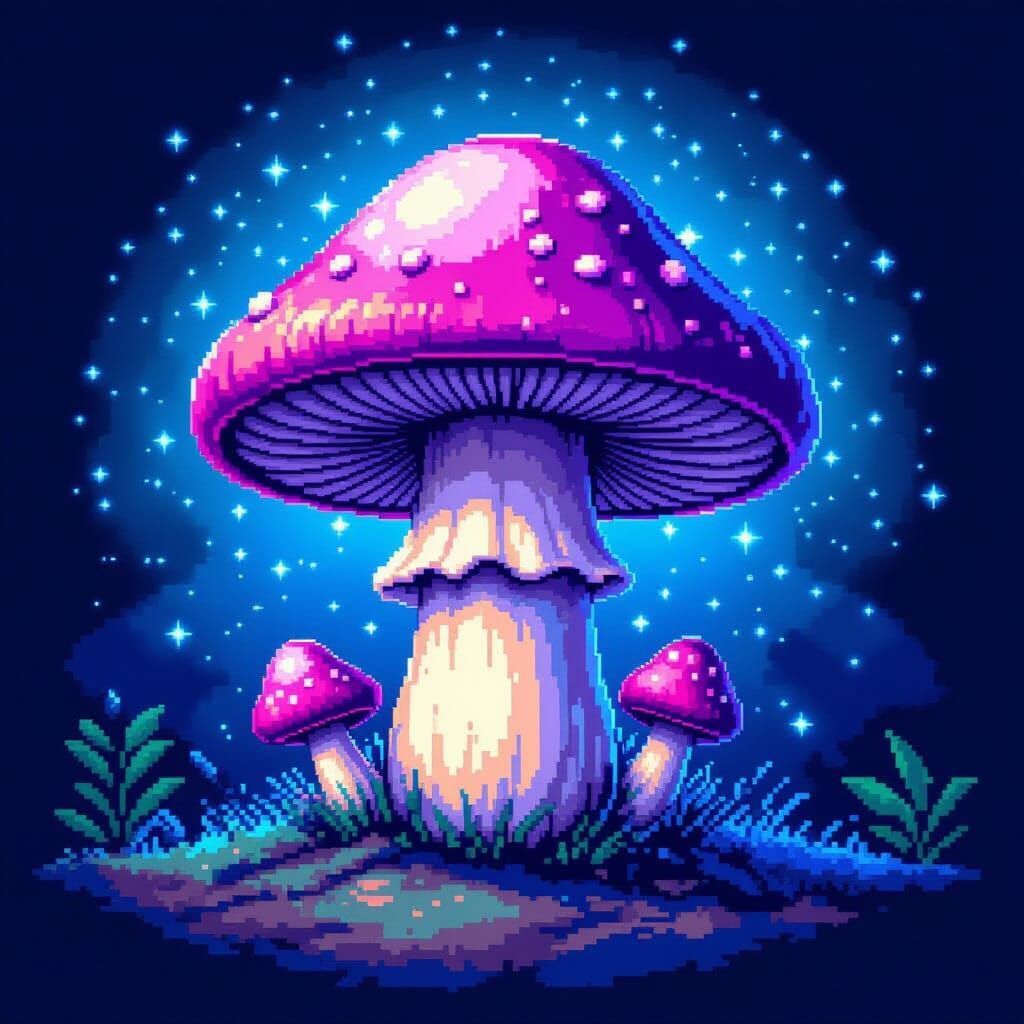 1024x1024 Pixel Art Violet Mushroom With Blue Glowing Spores