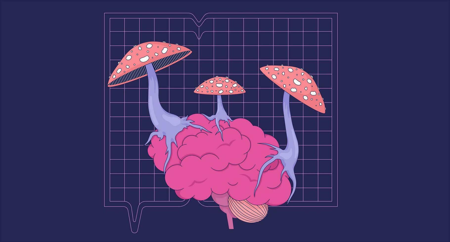 1820x980 Mushrooms fly agaric growing on brain 2D cartoon background. Psychedelic nature colorful aesthetic vector illustration, nobody. Toxic toadstool brain control flat line wallpaper art, lofi image