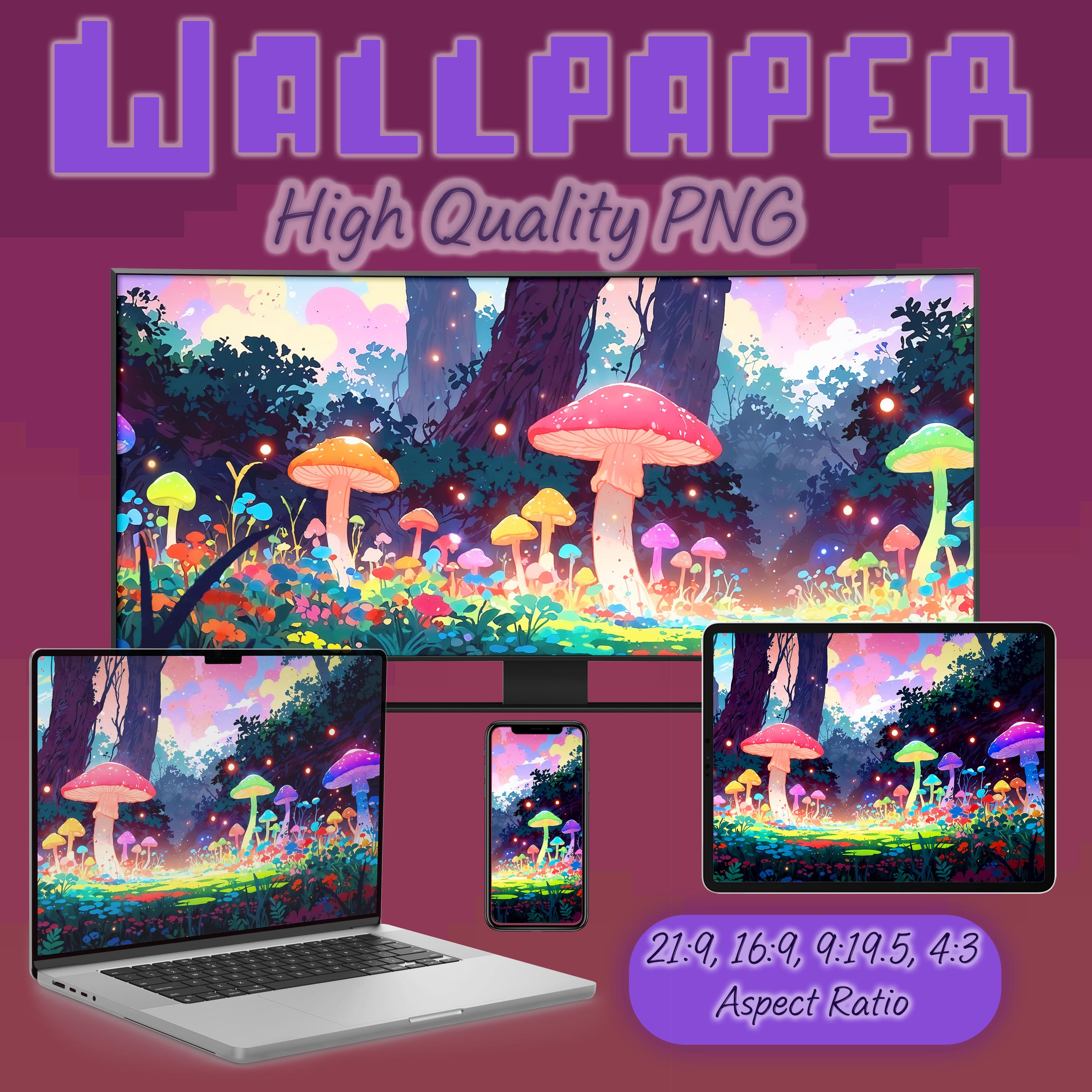 3000x3000 Neon Mushroom Forest Wallpaper. Vaporwave Aesthetic (Digital Art)
