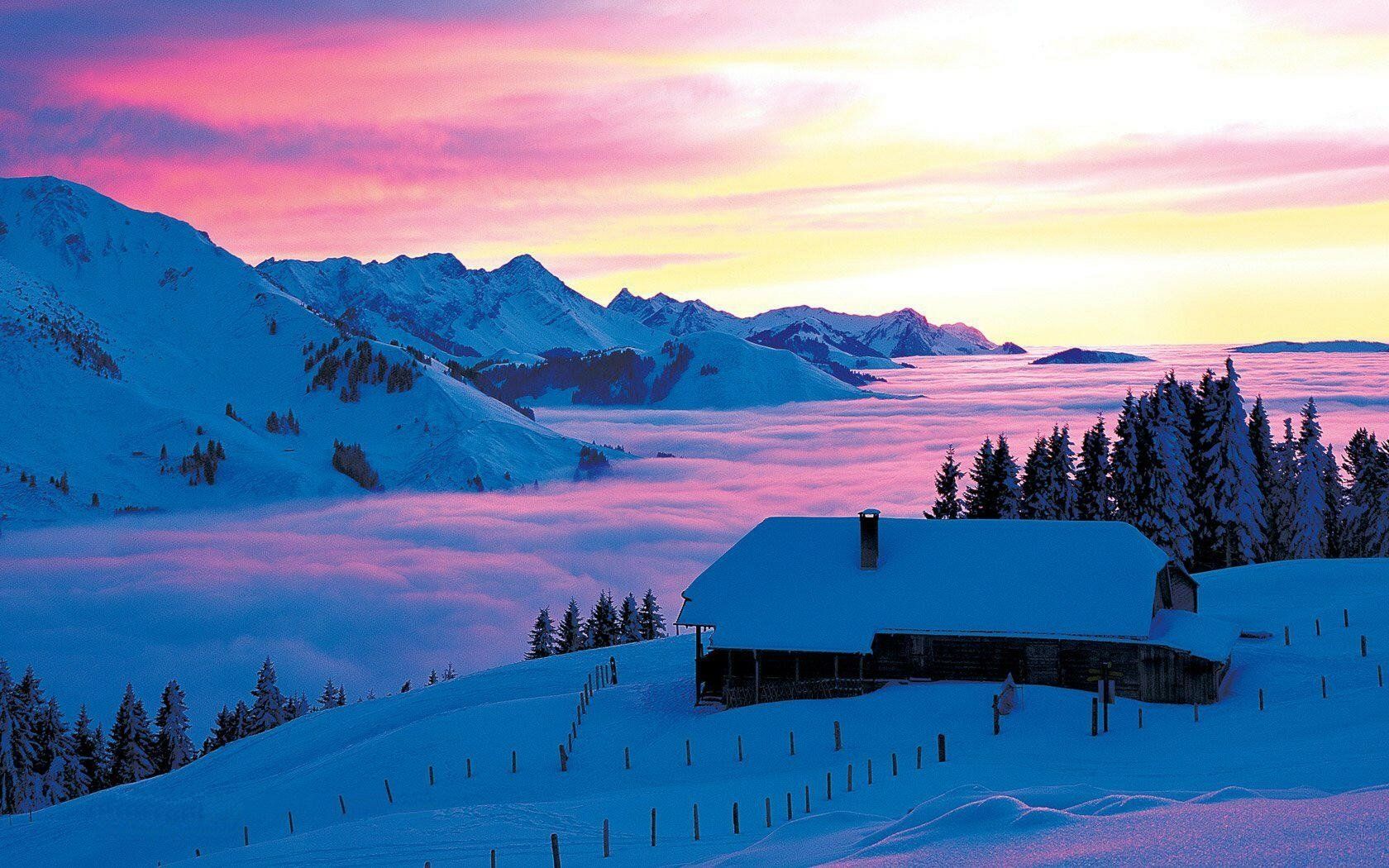 1680x1050 Download Switzerland Tree Mountain Landscape House Sunset Snow Photography Winter Snowy Mountain Winter Sunset Wallpaperx1050