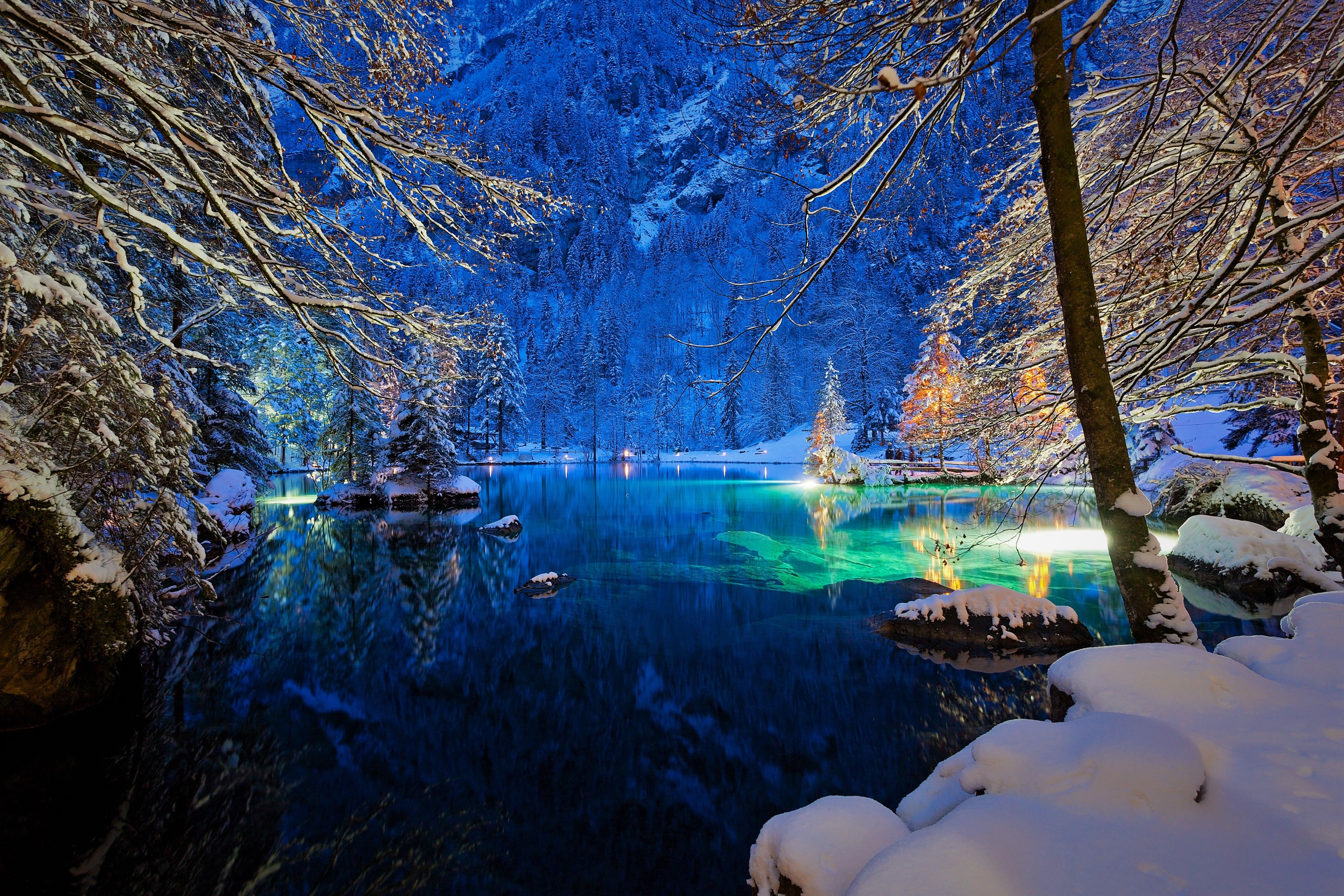 4200x2800 Desktop wallpaper: Snow, Switzerland, Winter, Earth, Lake, Night, Tree, Lakes 4K free download for PC. 429620
