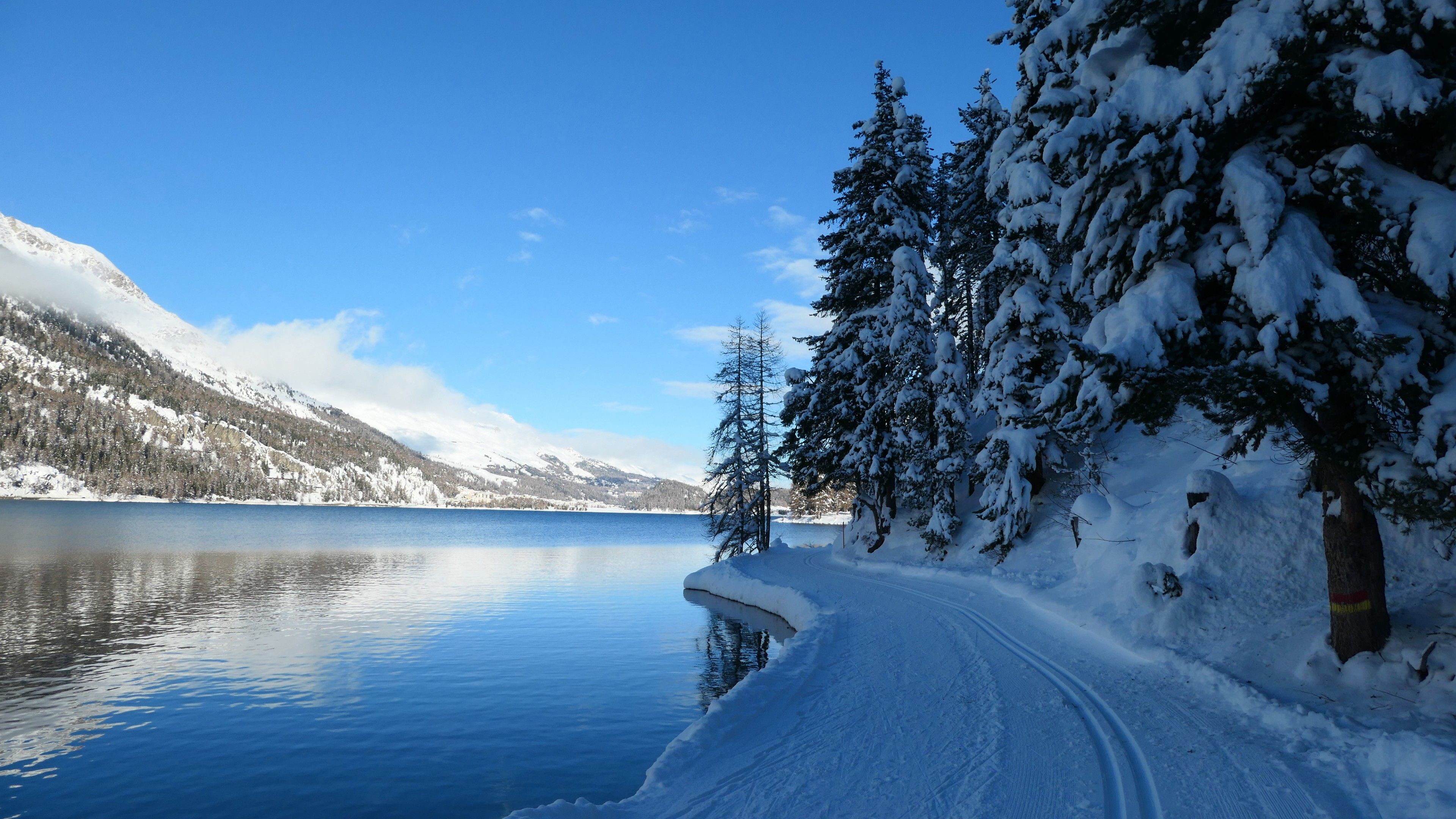 3840x2160 Snow Covered Silvaplana Path Switzerland 4K 5K HD Winter Wallpaper