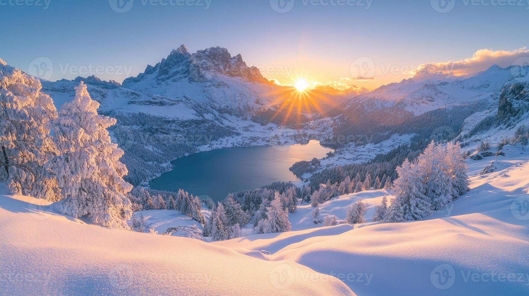 1749x980 Sun is rising over snowy mountains and frozen lake in switzerland