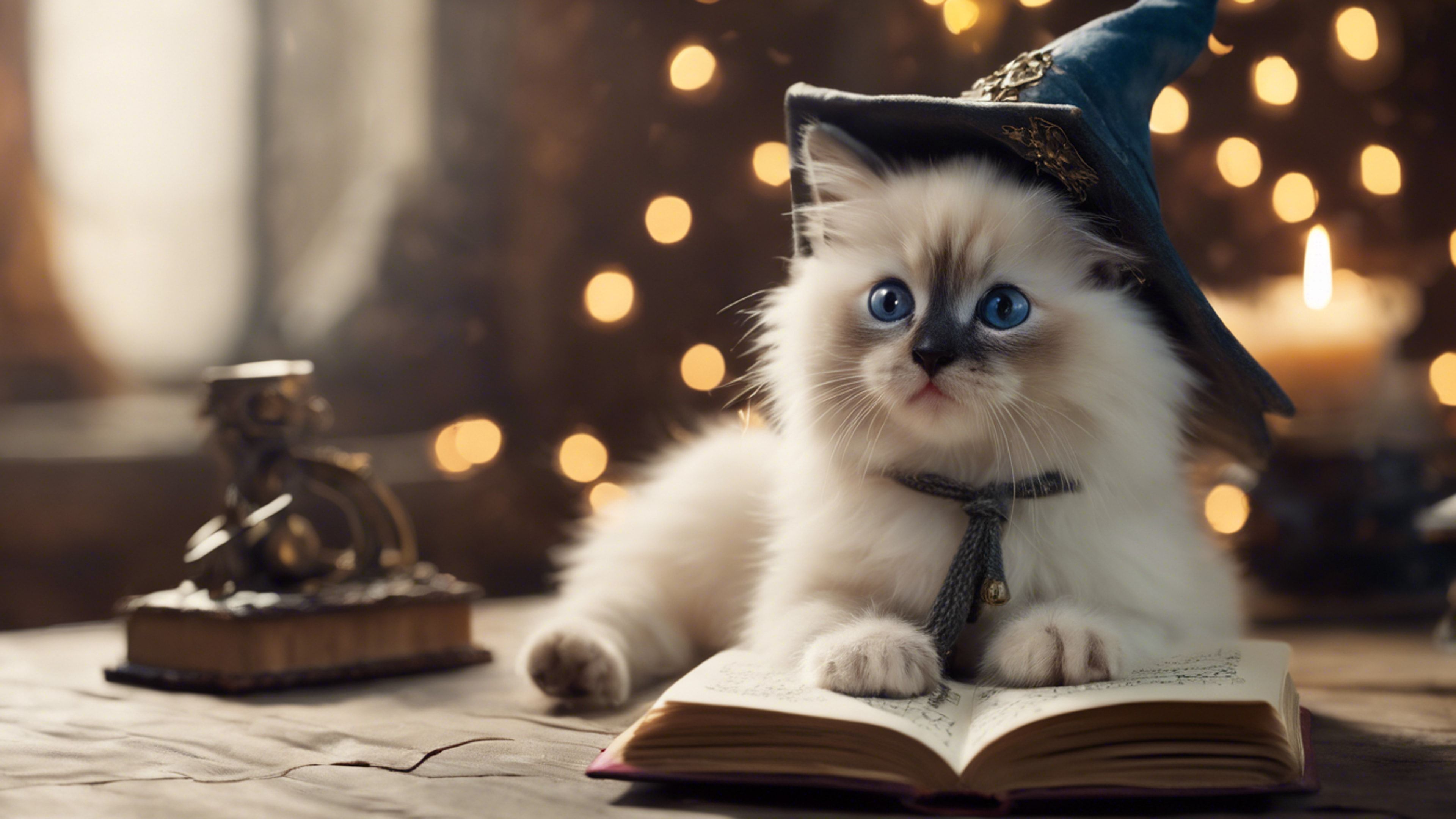 3840x2160 A Ragdoll kitten wearing a wizard hat, a spellbook open in front of it. Wallpaper [bd84ae8594bf4806934f]