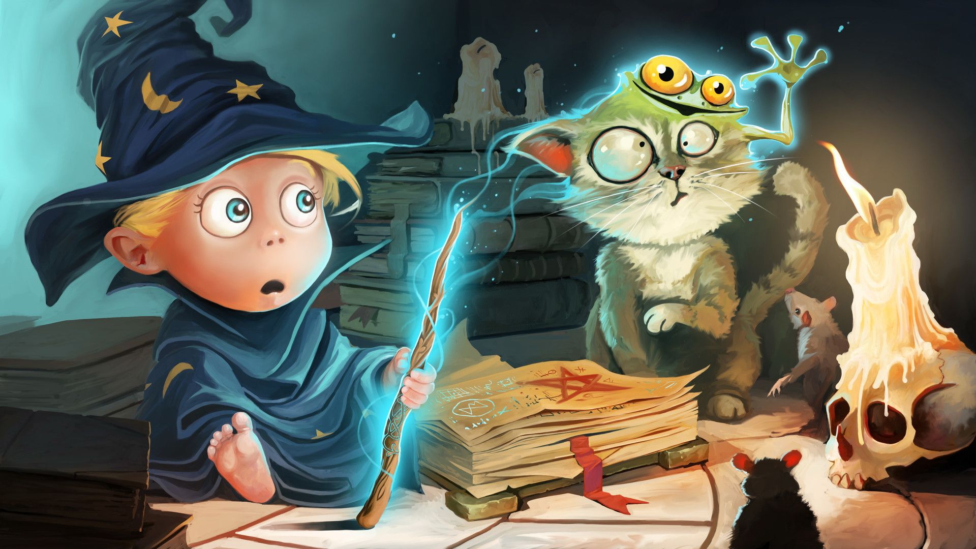 1920x1080 Enchanted Sorcerer and Magic Cat HD Wallpaper