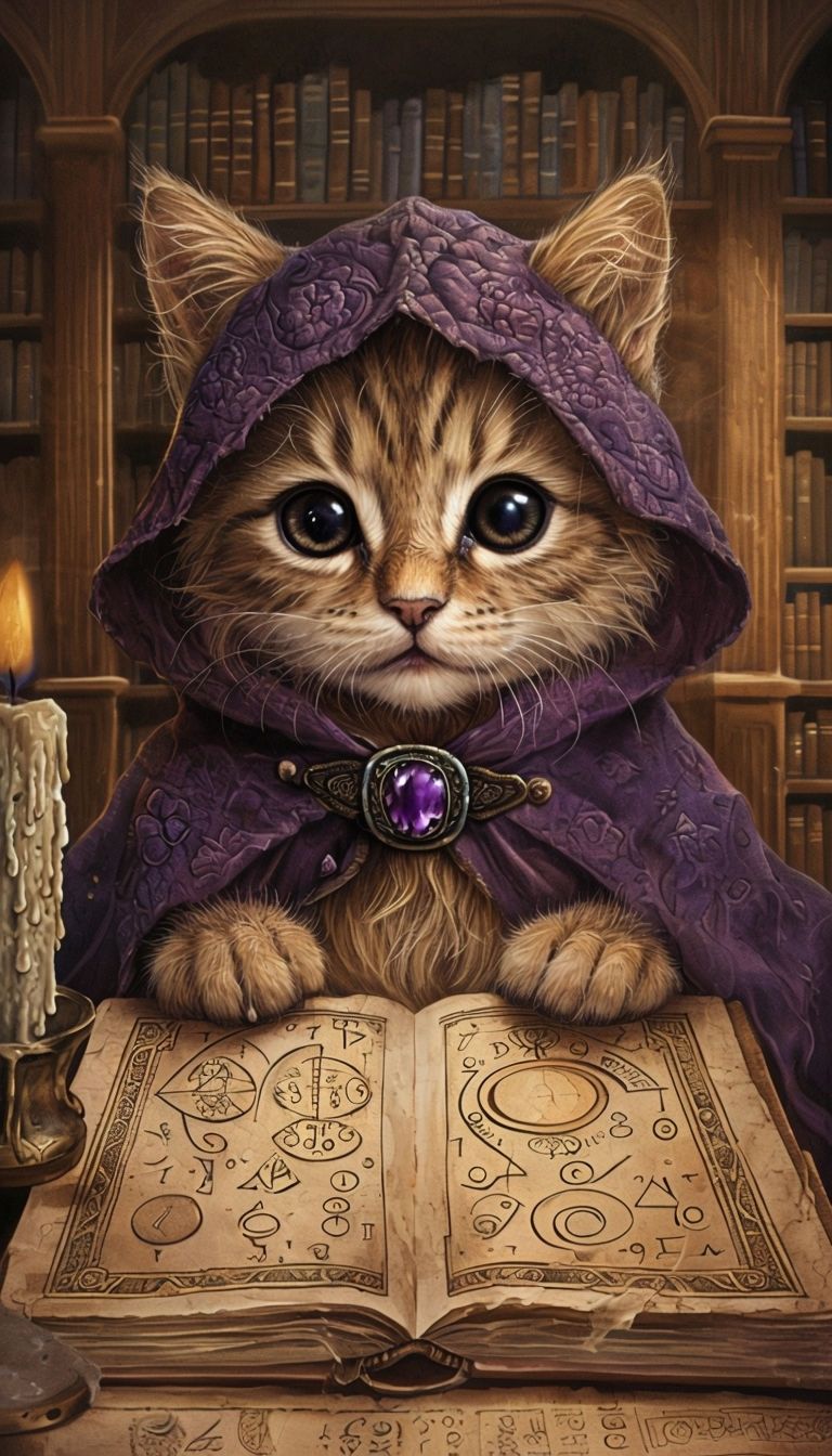 768x1344 Whimsical Kitten in Purple Cape with Enchanted Book Mobile Wallpaper