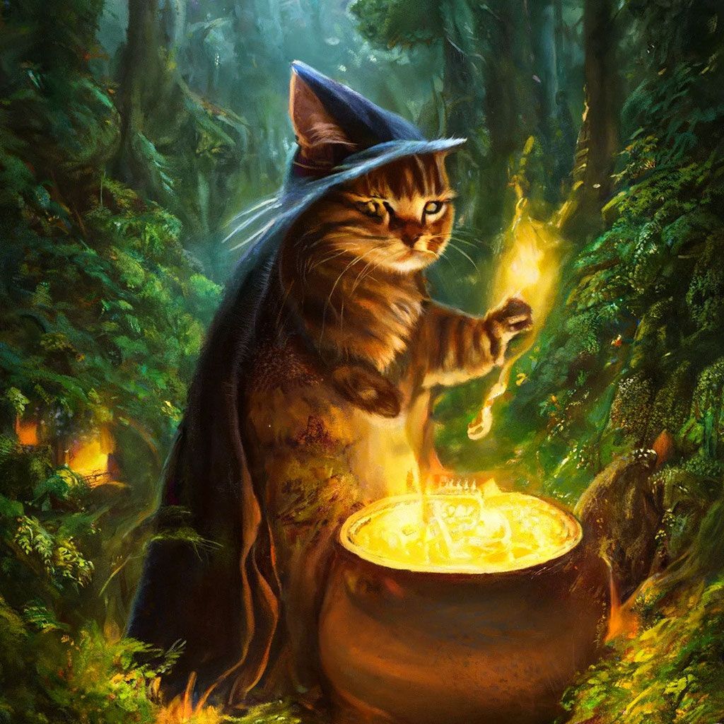 1024x1024 The cat is a wizard in the forest, conjuring over the cauldron superrealistically