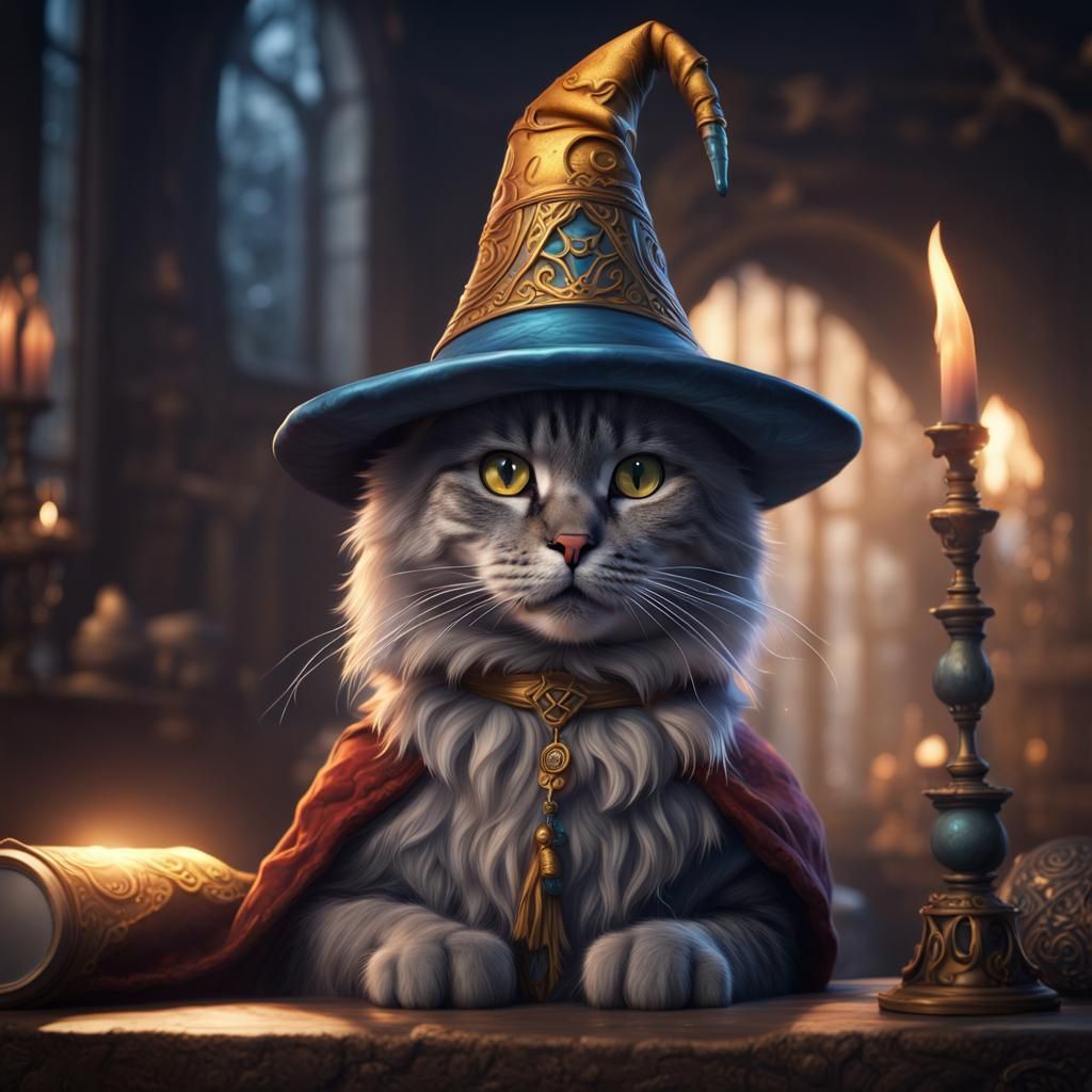 1024x1024 Cat with a wizard hat Wizard in Detailed Fantasy Art