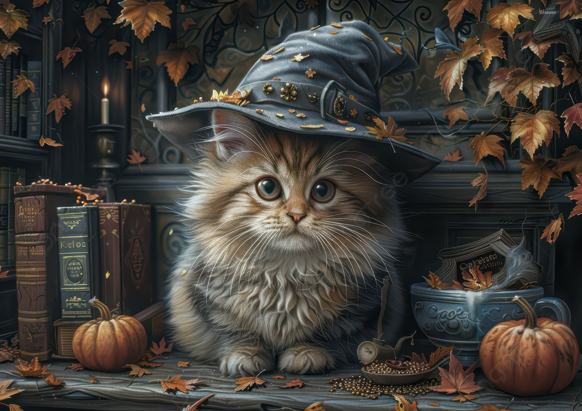 1200x849 A Whimsical Cat In A Wizard Hat Surrounded By Autumn Leaves Pumpkins And Books Photo And Picture For Free Download