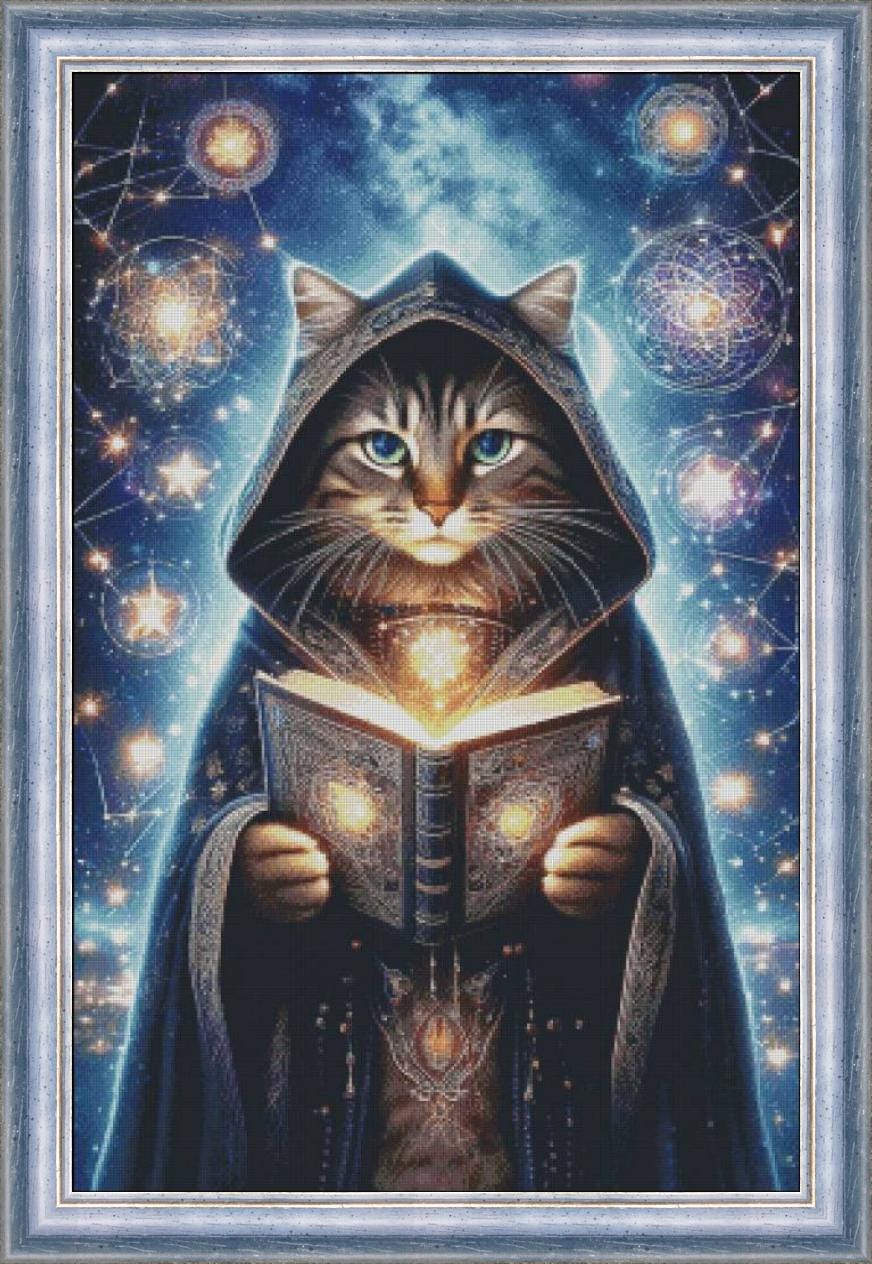 872x1264 Wizard Cat Cross Stitch Pattern, Kitten & Book X Stitch, Halloween Design, Cat Lovers Gift PDF File, Cat And Magic Pattern