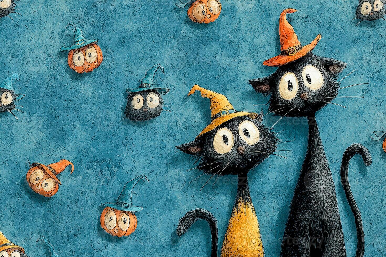 1470x980 Playful Halloween cats wearing wizard hats among floating pumpkins and witches' hats on a vibrant blue background