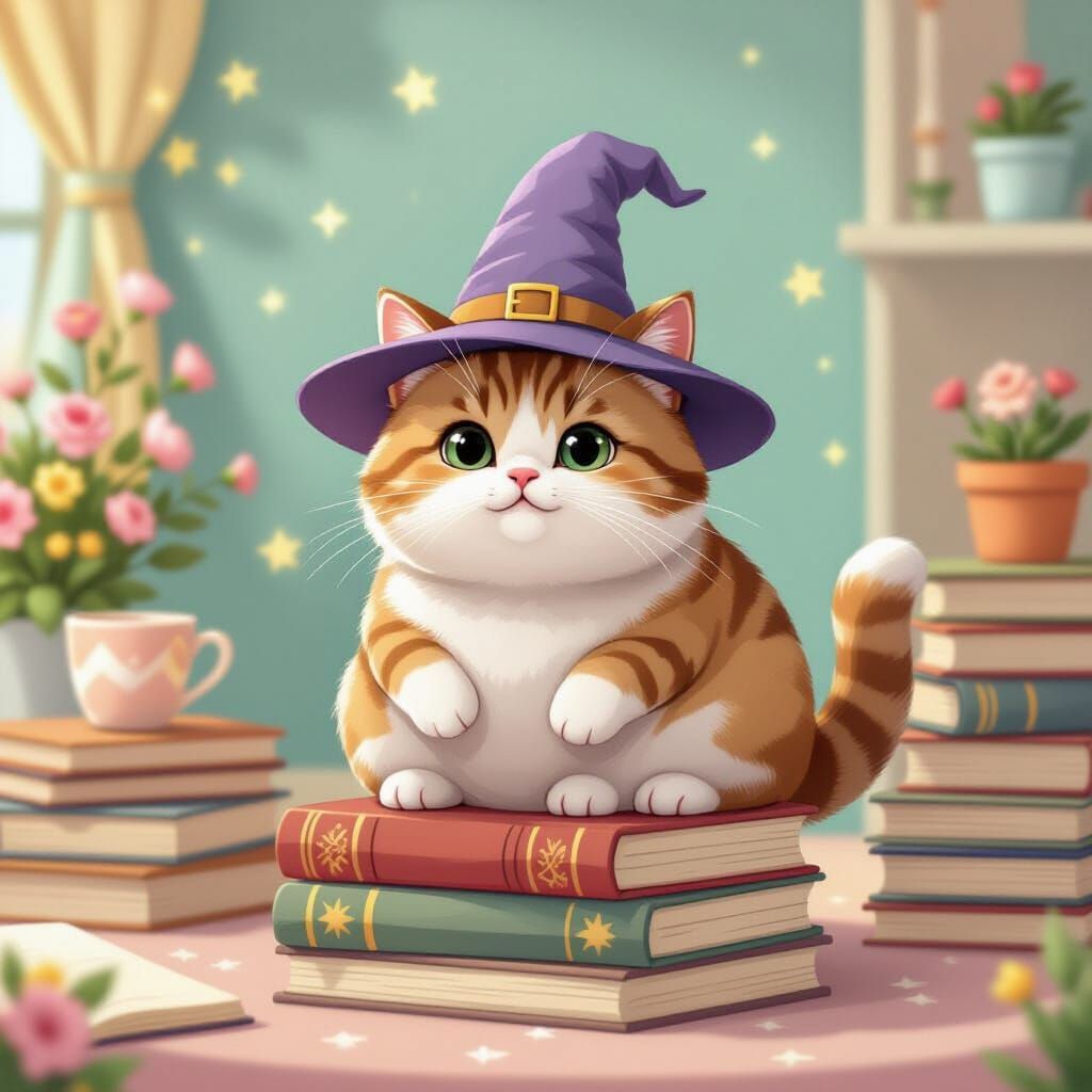 1024x1024 Chubby Wizard Cat on Spell Books in Cottagecore St
