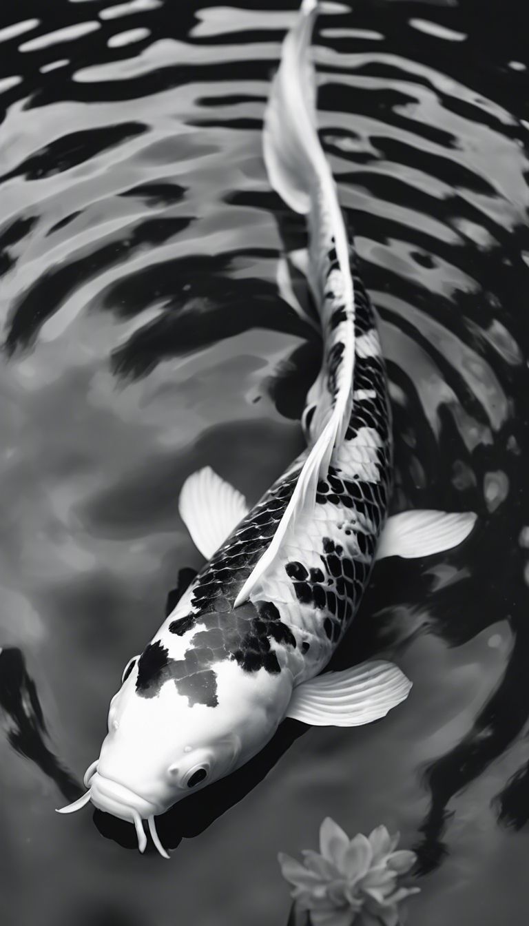 768x1344 A majestic black and white koi fish gracefully swimming alone in a peaceful Japanese pond. Wallpaper [3bf060a021144ef78f5b]