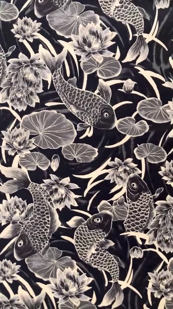720x1280 Black Koi fish in a lotus pond, Japanese cotton fabric, sold by the half yard
