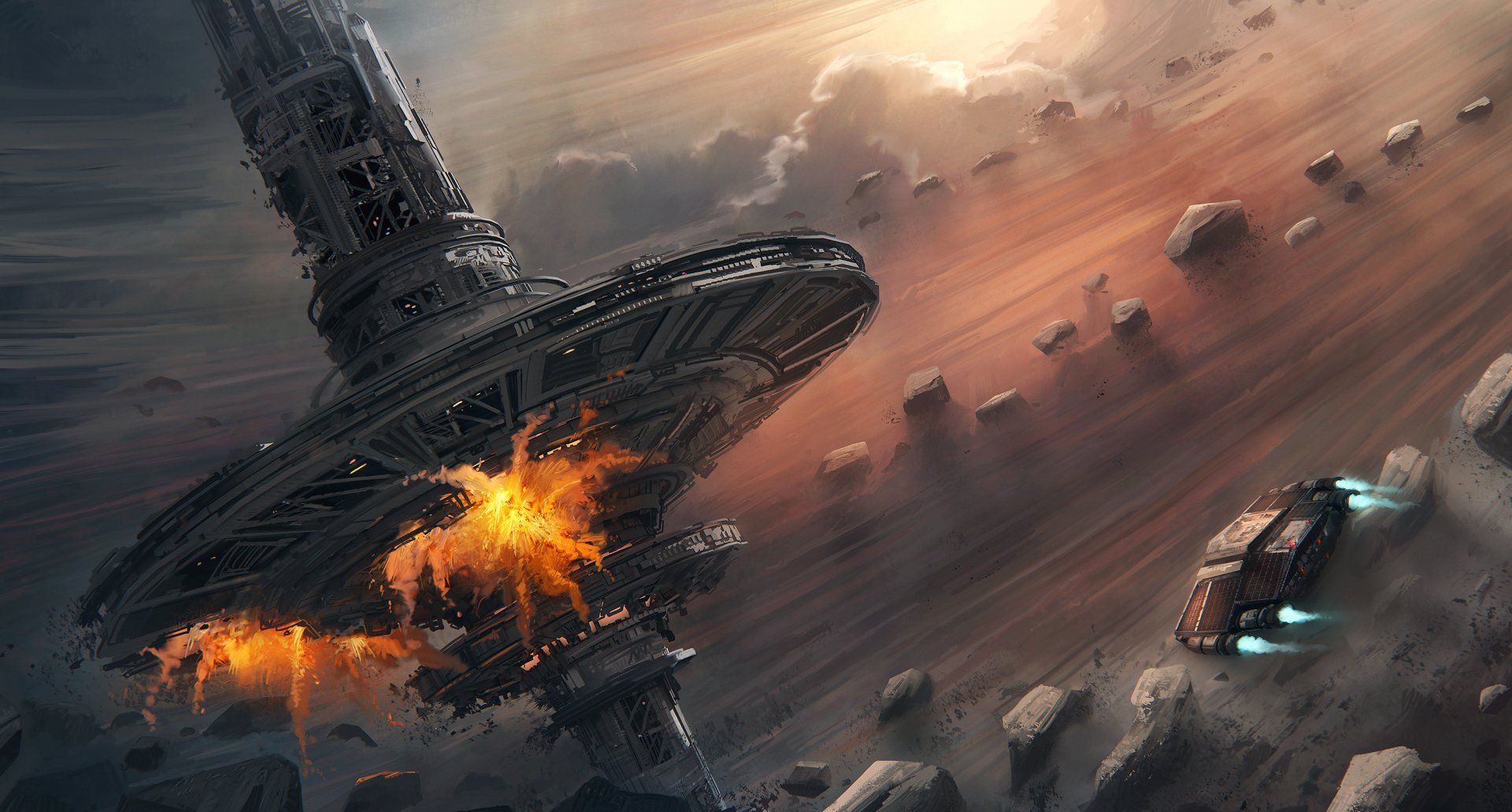 1920x1031 Explosive Asteroid Impact On Spaceship At Sci Fi Space Station HD Wallpaper By Leon Tukkerx1611