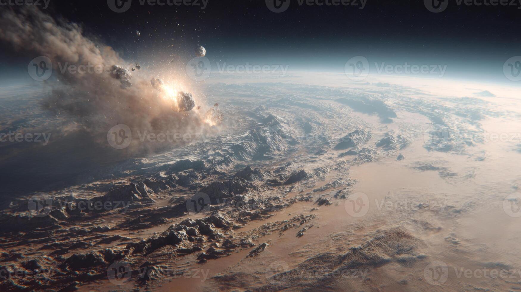 1749x980 Dramatic Asteroid Impact on a Rocky Planet Surface with Explosive Energy and Cosmic Debris in the Surrounding Space