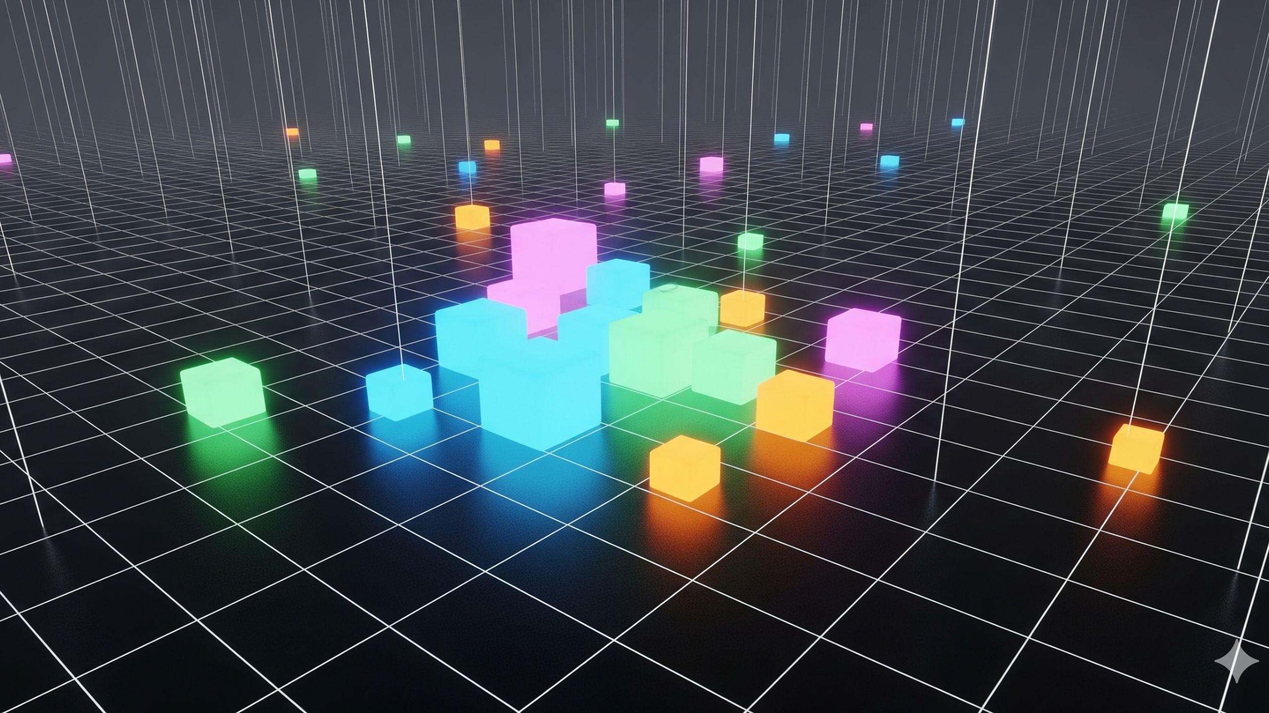 2560x1440 Virtual reality grid world glowing with 3D neon cubes HD creative Wallpaper