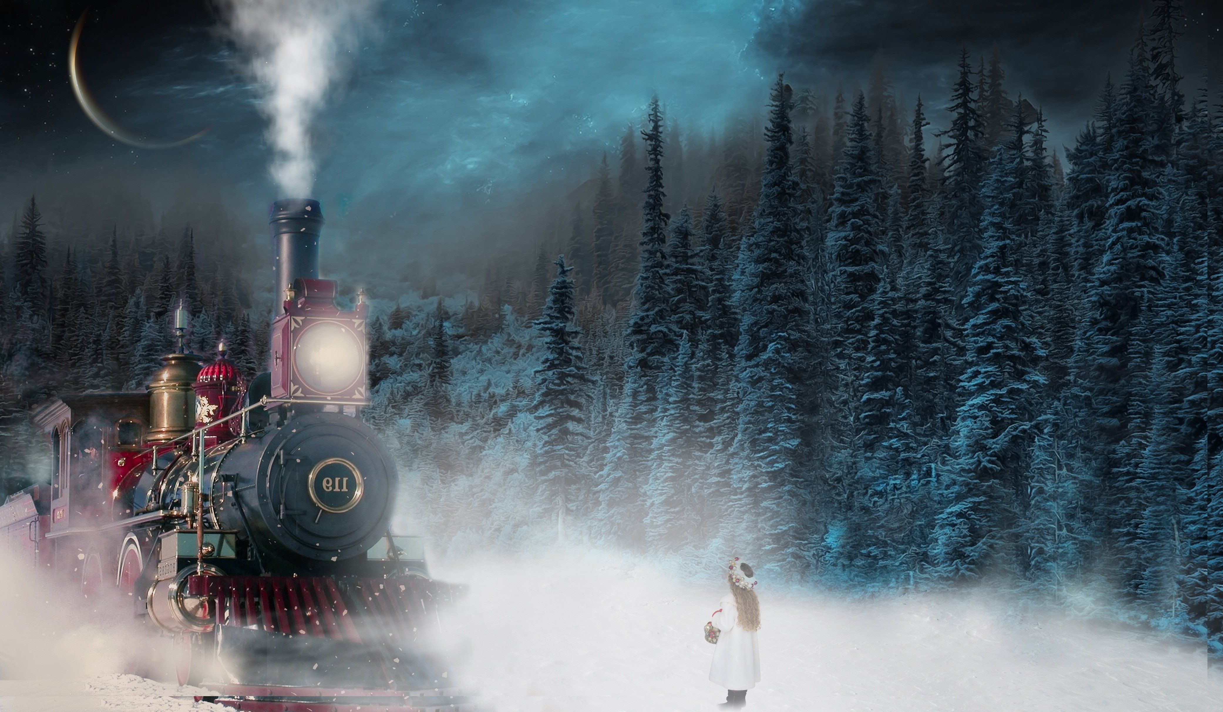4165x2425 Wallpaper winter, forest, snow, night, new year, the engine, tale, ate for mobile and desktop, section новый год, resolution 4165x2425