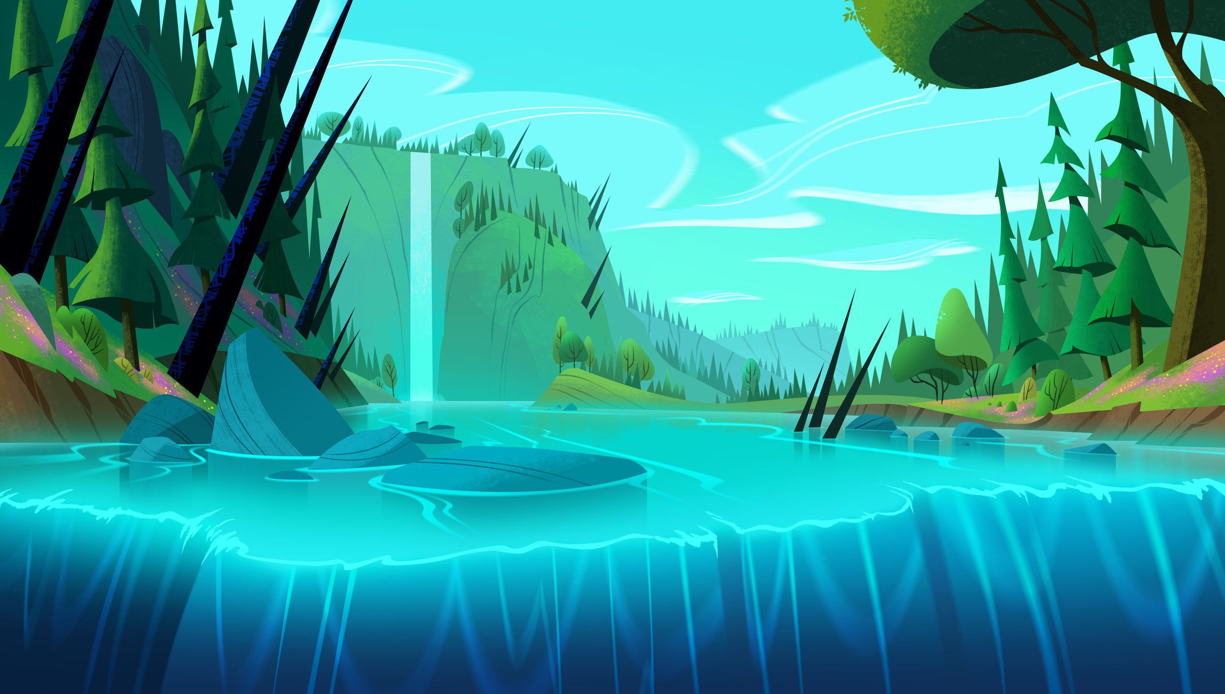 2500x1416 Download Tree Sky Tangled Waterfall TV Show Tangled: The Series HD Wallpaperx1416