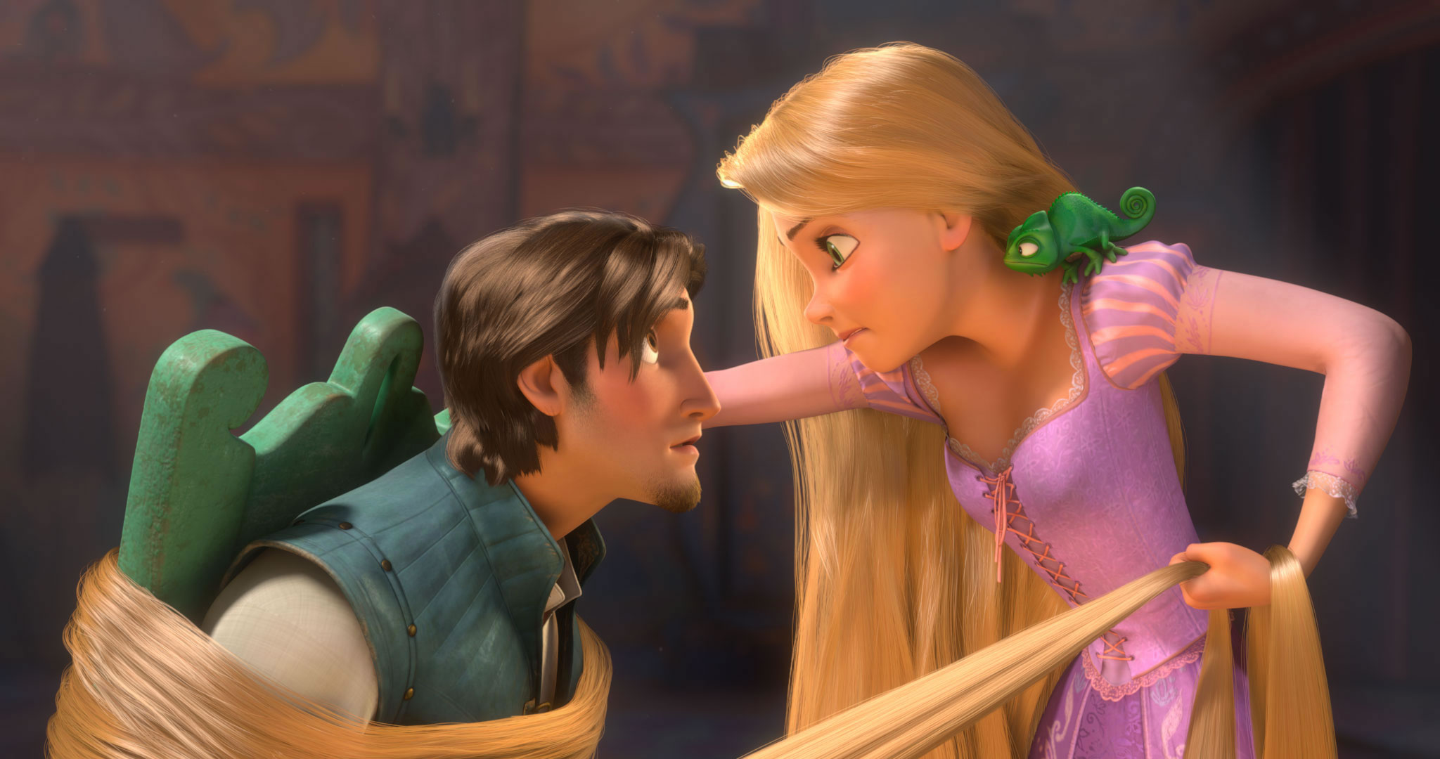 2048x1080 Rapunzel Ties up Flynn from Disney's Movie Tangled Desktop Wallpaper