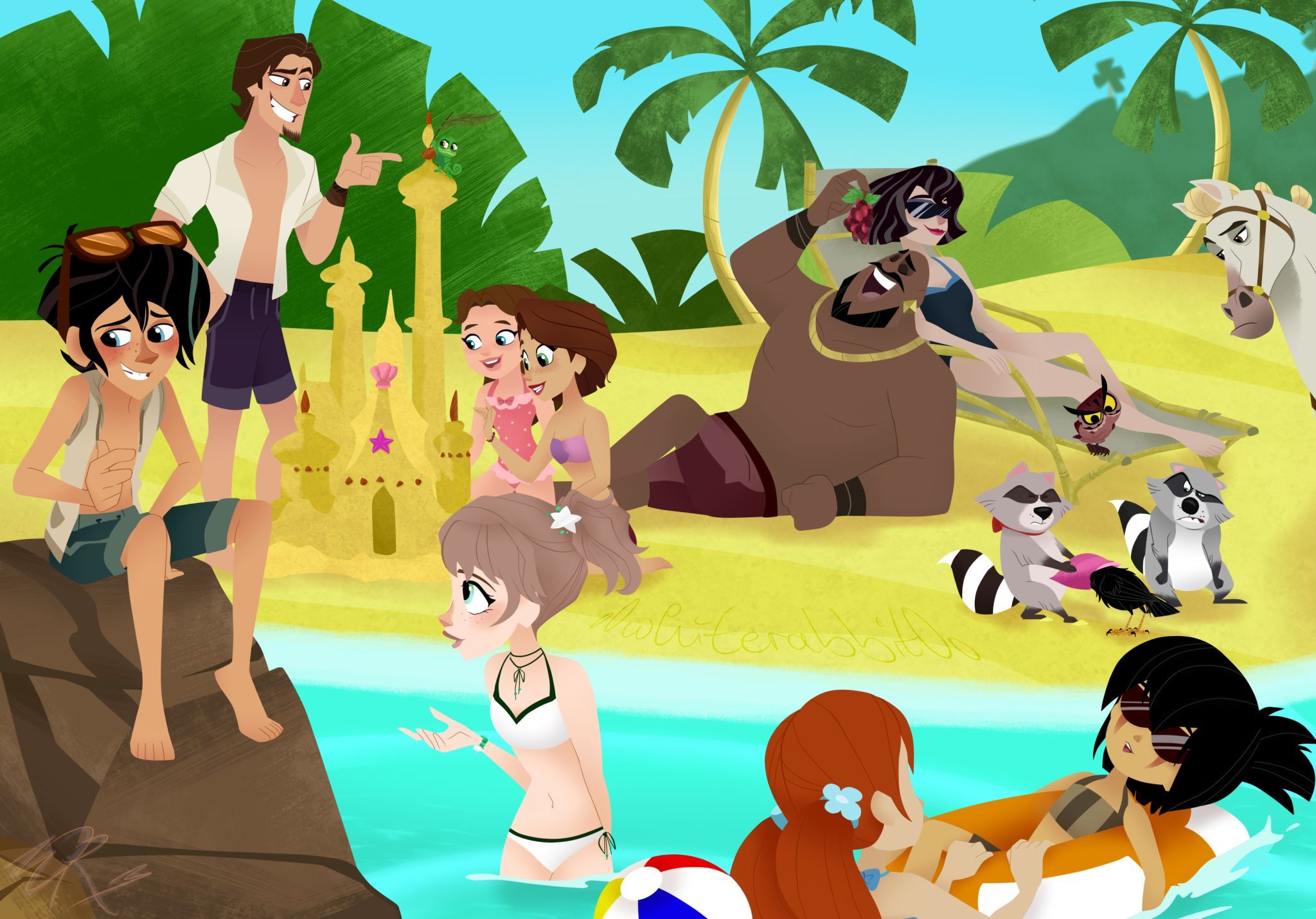 2048x1432 Desktop wallpaper: Rudiger (Tangled), Tv Show, Tangled: The Series, Barefoot, Beach, Black Hair, Brown Hair, Cassandra (Tangled), Eugene Fitzherbert, Feet, Goggles, Lance Strongbow, Maximus (Tangled), Owl, Pascal (Tangled), Raccoon, Sand Castle, Swimsuit