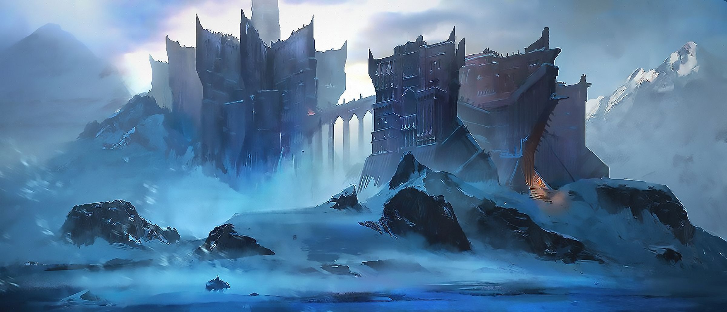 2400x1032 Frozen Fortress: A Stunning HD Fantasy Ice Castle Wallpaper