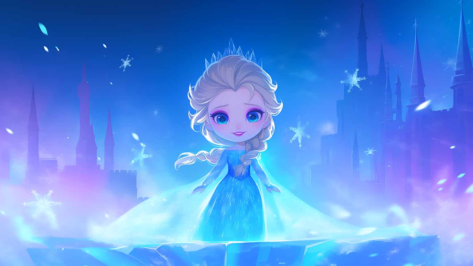 1536x864 Free Frozen Chibi Elsa Stands In Ice Castle Desktop Wallpaper