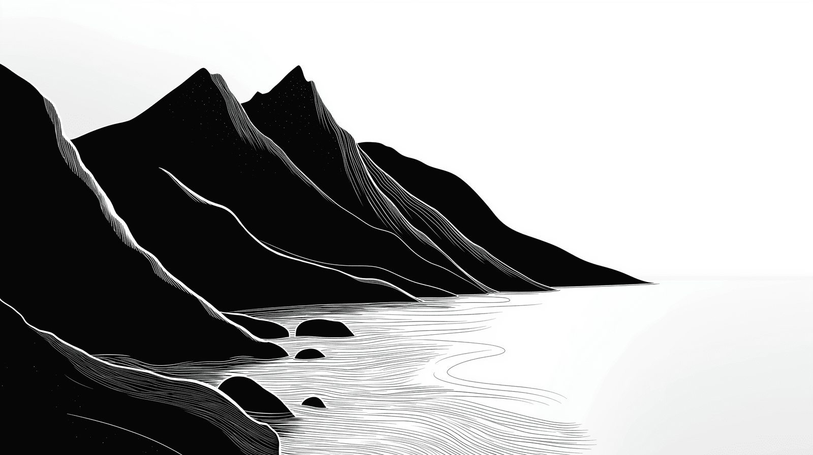 1600x897 Mural Wallpaper minimalist mountains. Black and white mountain silhouettes on a light background