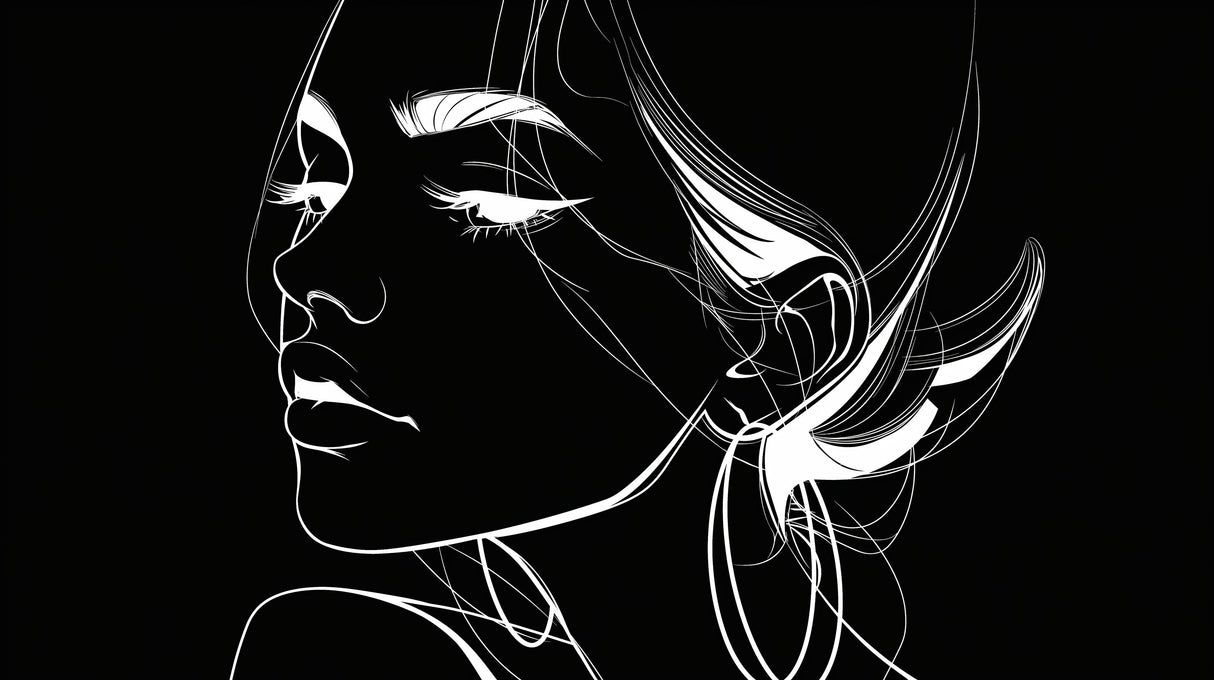 1214x680 Line Art Mural Wallpaper. Black and White Portrait Design