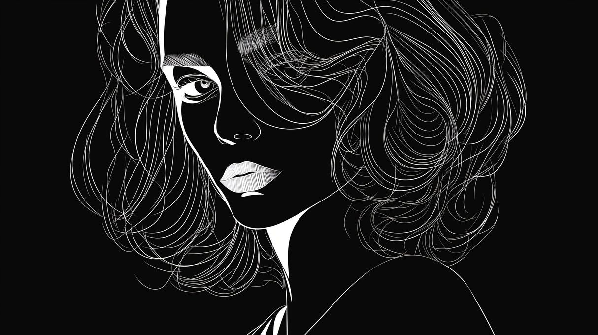 1214x680 Line Art Mural Wallpaper. Black and White Portrait Design