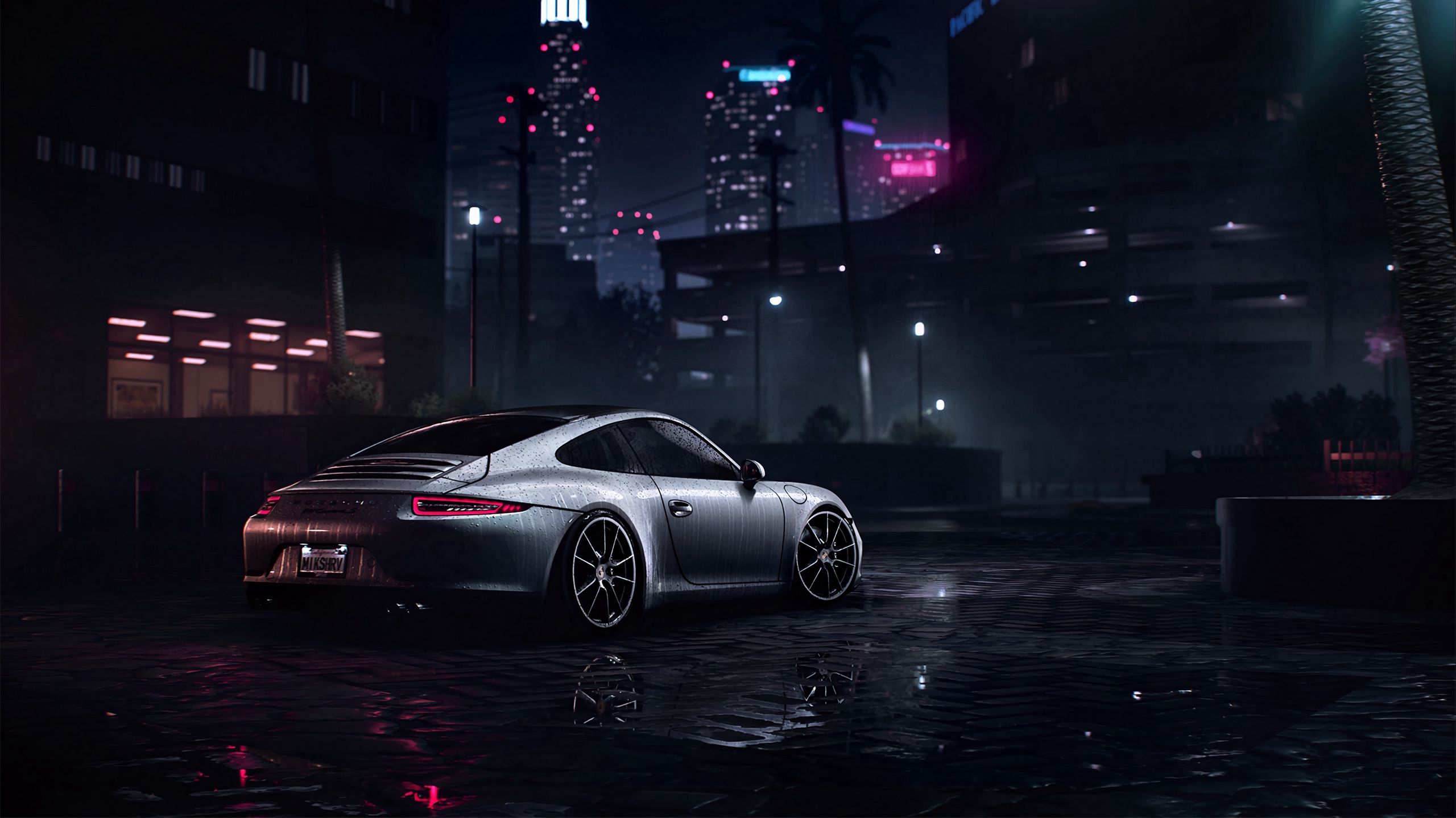 2560x1440 Download wallpaper 2560x1440 porsche 911 carrera s, porsche, sportscar, gray, wet, side view, night widescreen 16:9 HD background