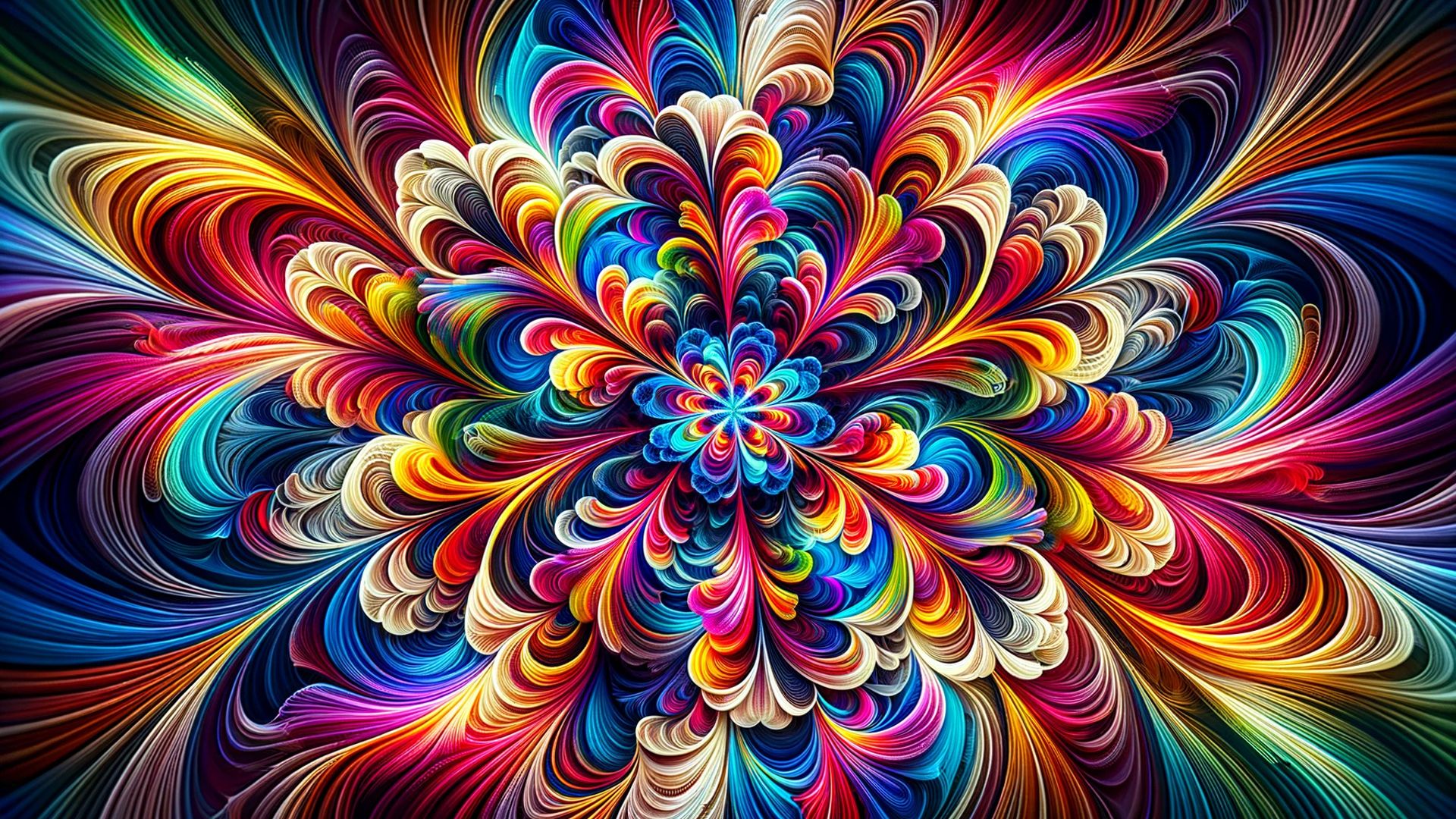 1920x1080 vibrant, kaleidoscopic design featuring an explosion of colors, dynamic pattern creates a mesmerizing symmetrical effect vivid hues HD Abstract Wallpaper